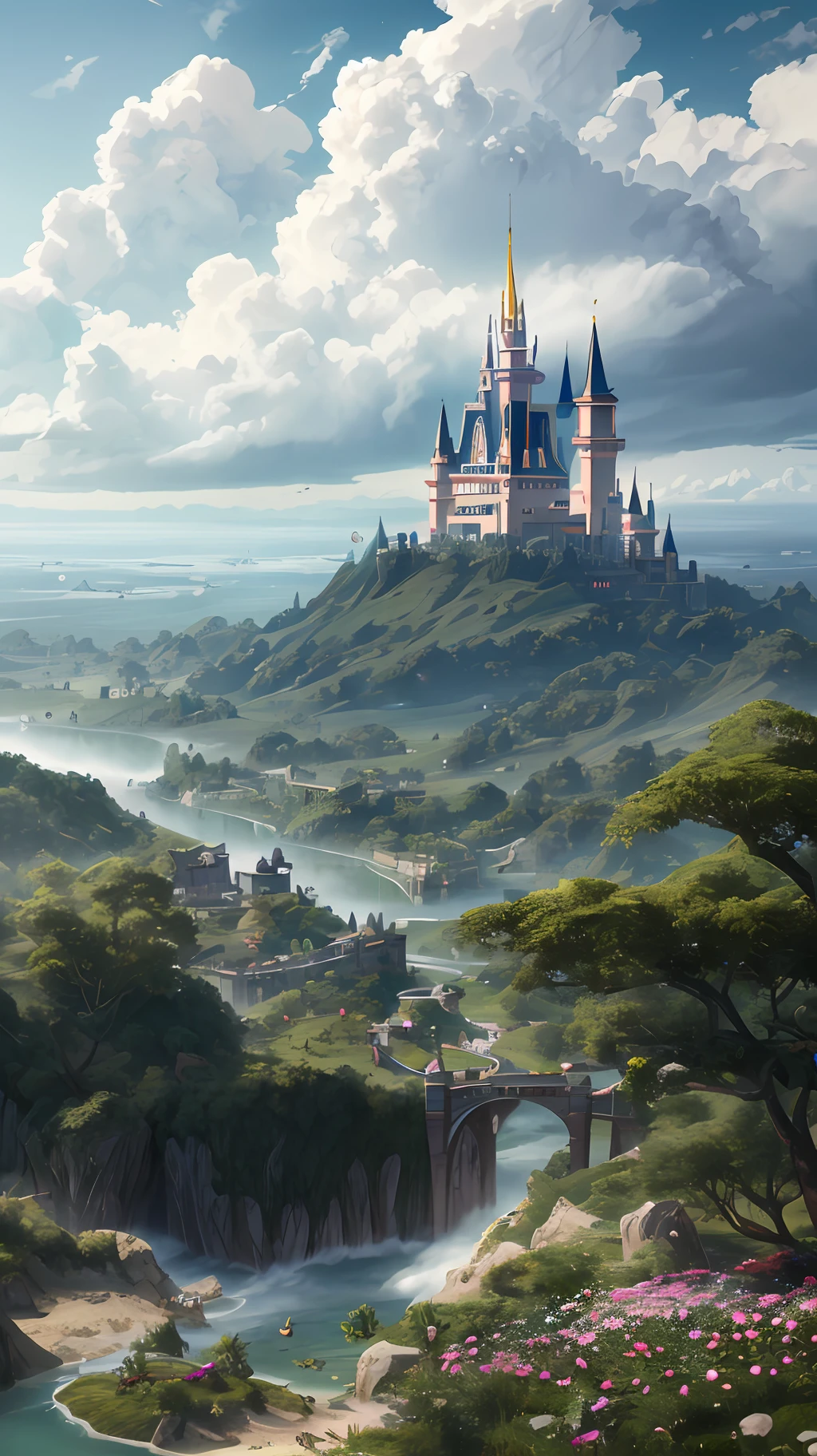 An epic CG matte painting , expansive view , pale green clouds,Disney Castle with a garden full of flowers on the clouds , several waterfulls drops from the clouds , A sea of pale green roses , by Zeen Chin , high - definition picture , Unreal Engine , Trending on artstation 4k HD --auto