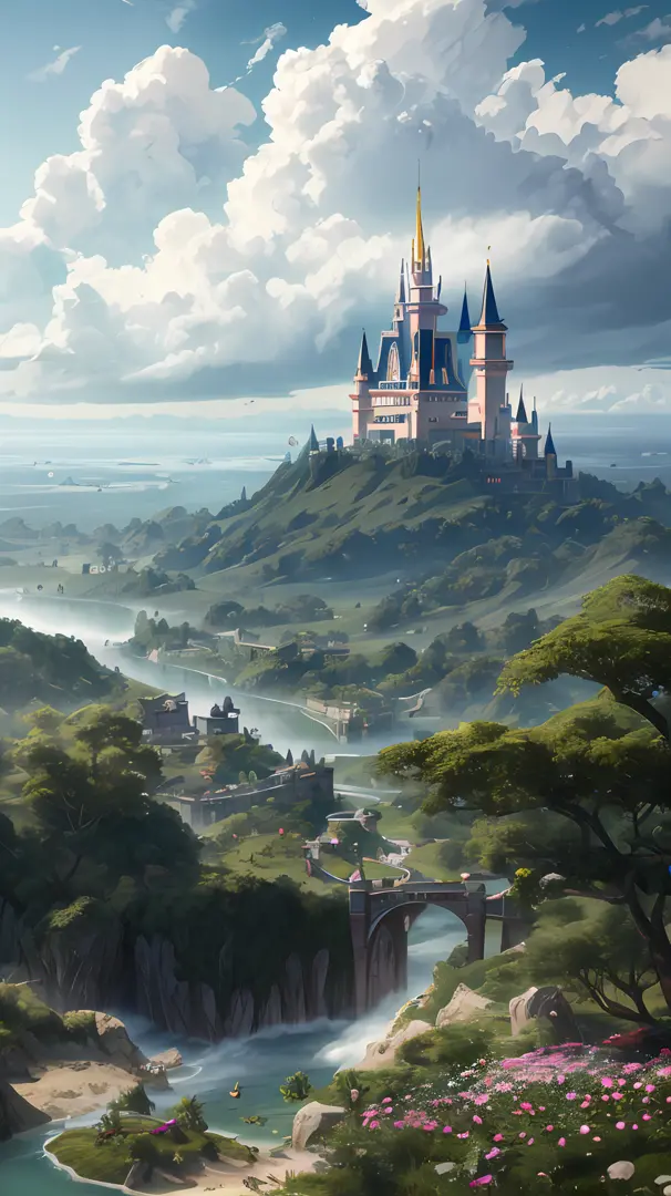 An epic CG matte painting , expansive view , pale green clouds,Disney Castle with a garden full of flowers on the clouds , sever...