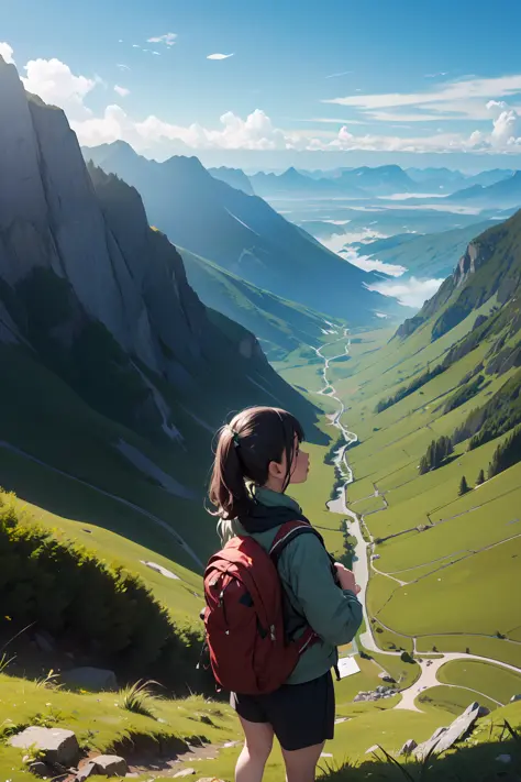 Best quality, masterpiece, 1girl, solo, mountain climbing, breath taking view, green, vast landscape