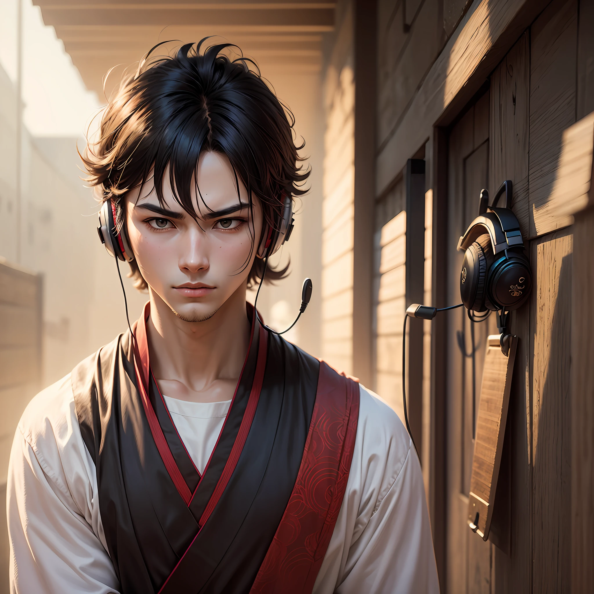 Create an image of a young man listening to samurai-style music, epic anime  --auto - SeaArt AI