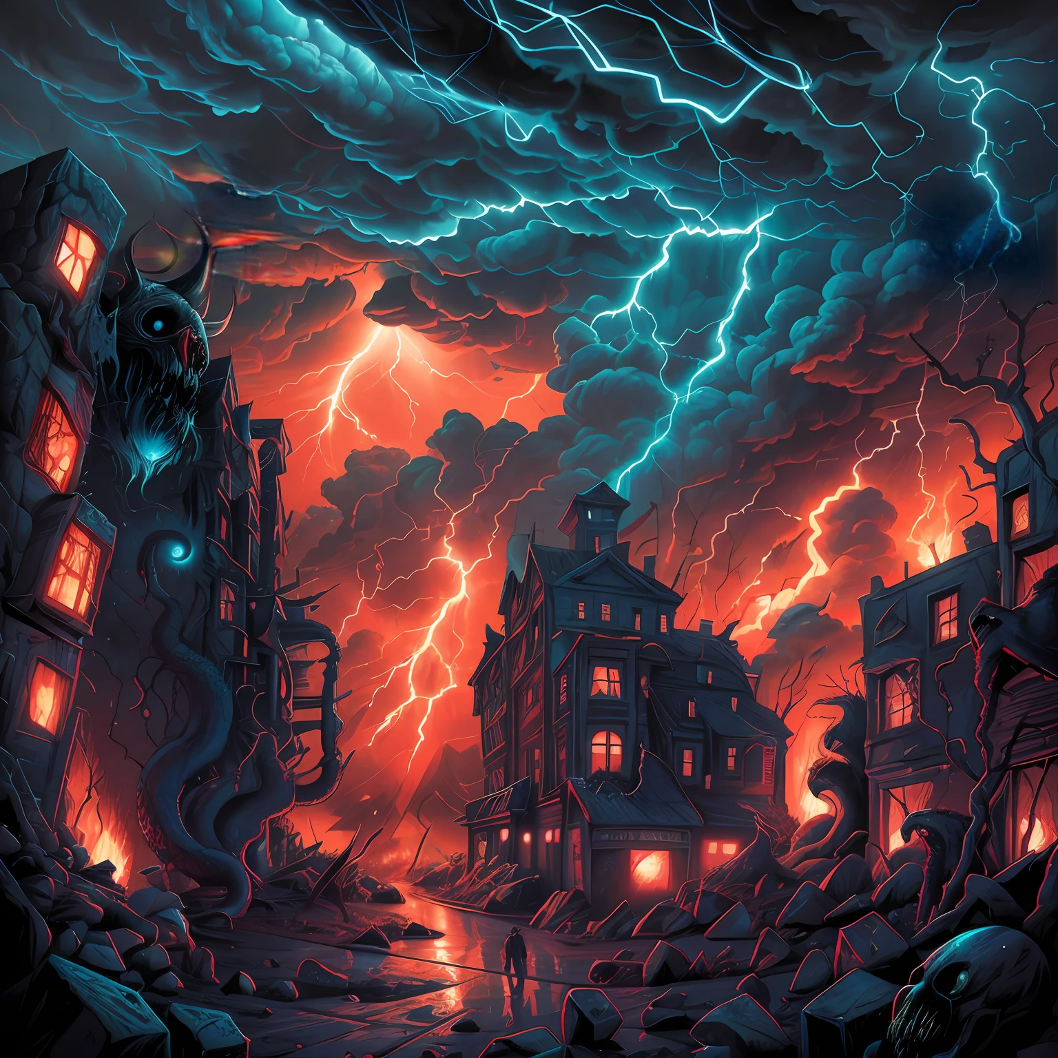 cataclysmic storming, merged of the clouds and souls of horror creatures, desperate madness, horror, Horror art, unreal engine, UHD, sketch color drawing. Illustration by Dan Seagrave