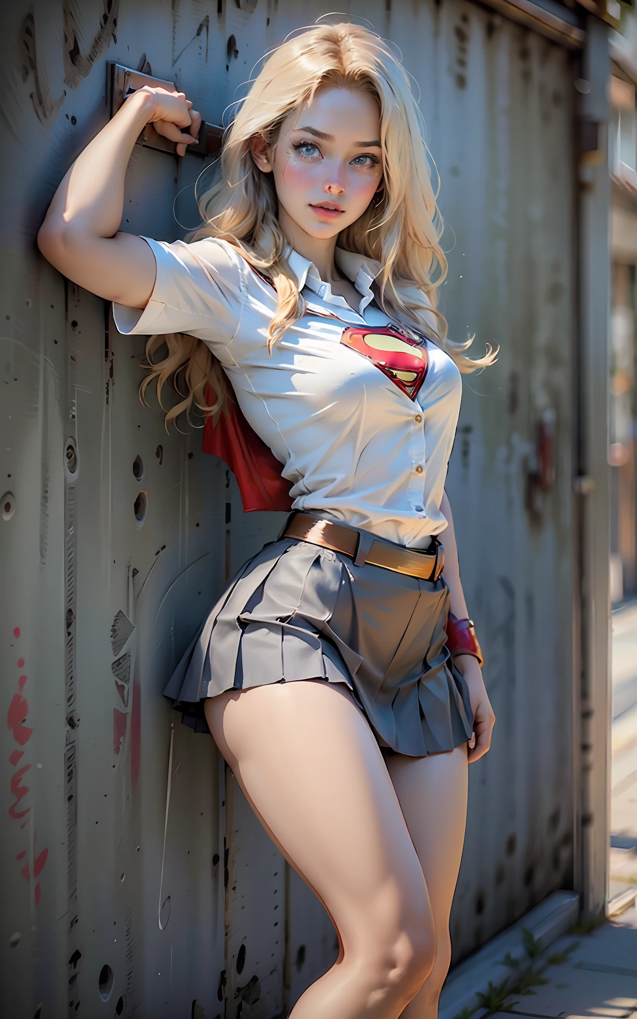 ((best quality, best resolution, absurd, 8k, masterpiece)) ,1girl, woman,Helen Slater (Supergirl Actress),young woman, 19 years old, long blonde hair, expressive blue eyes, female Korean school uniform (white blouse and pleated miniskirt), Supergirl cosplay wearing female Korean , medium-large bust,