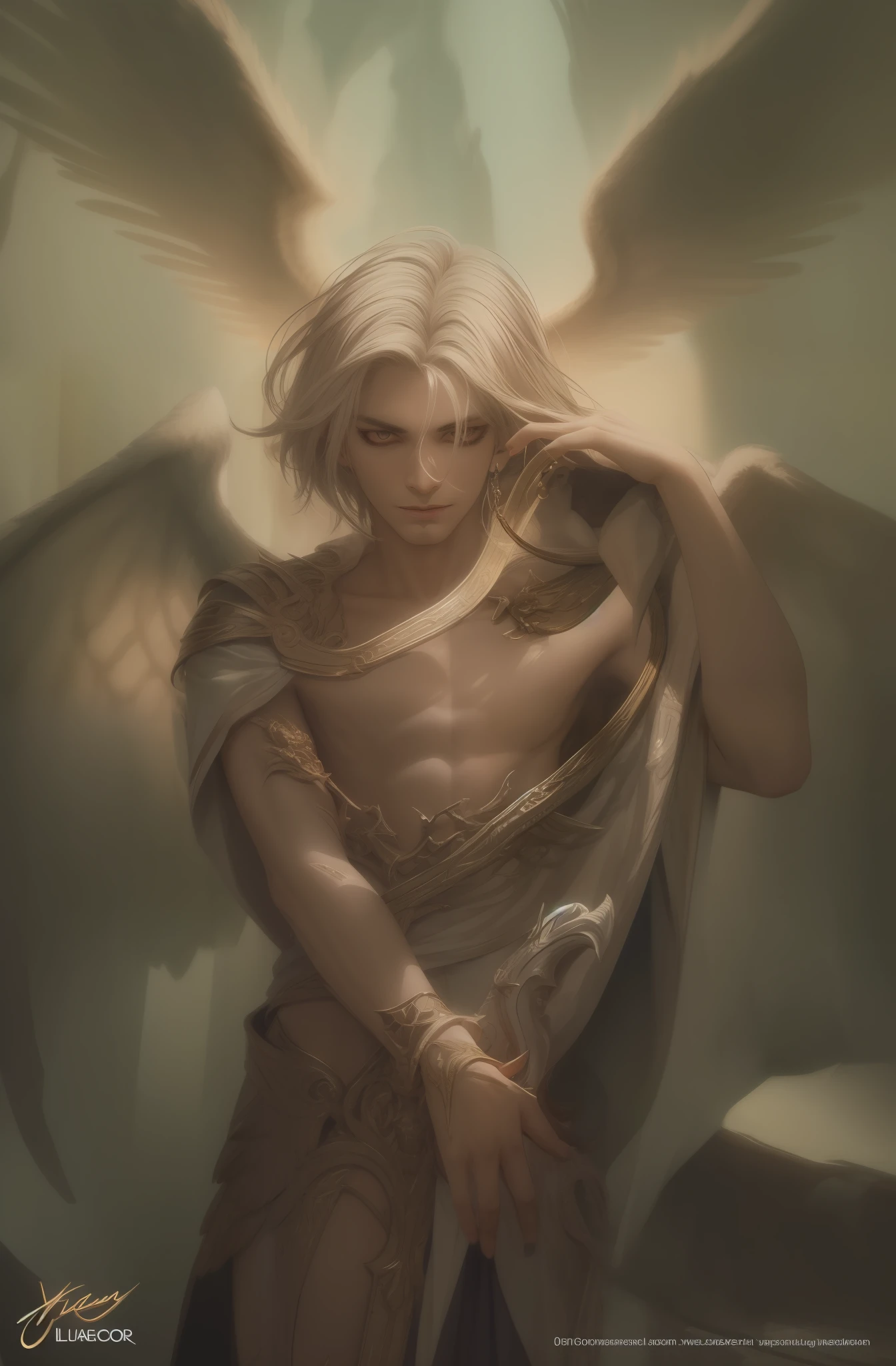 A woman with white hair and wings is standing in a dark room - SeaArt AI