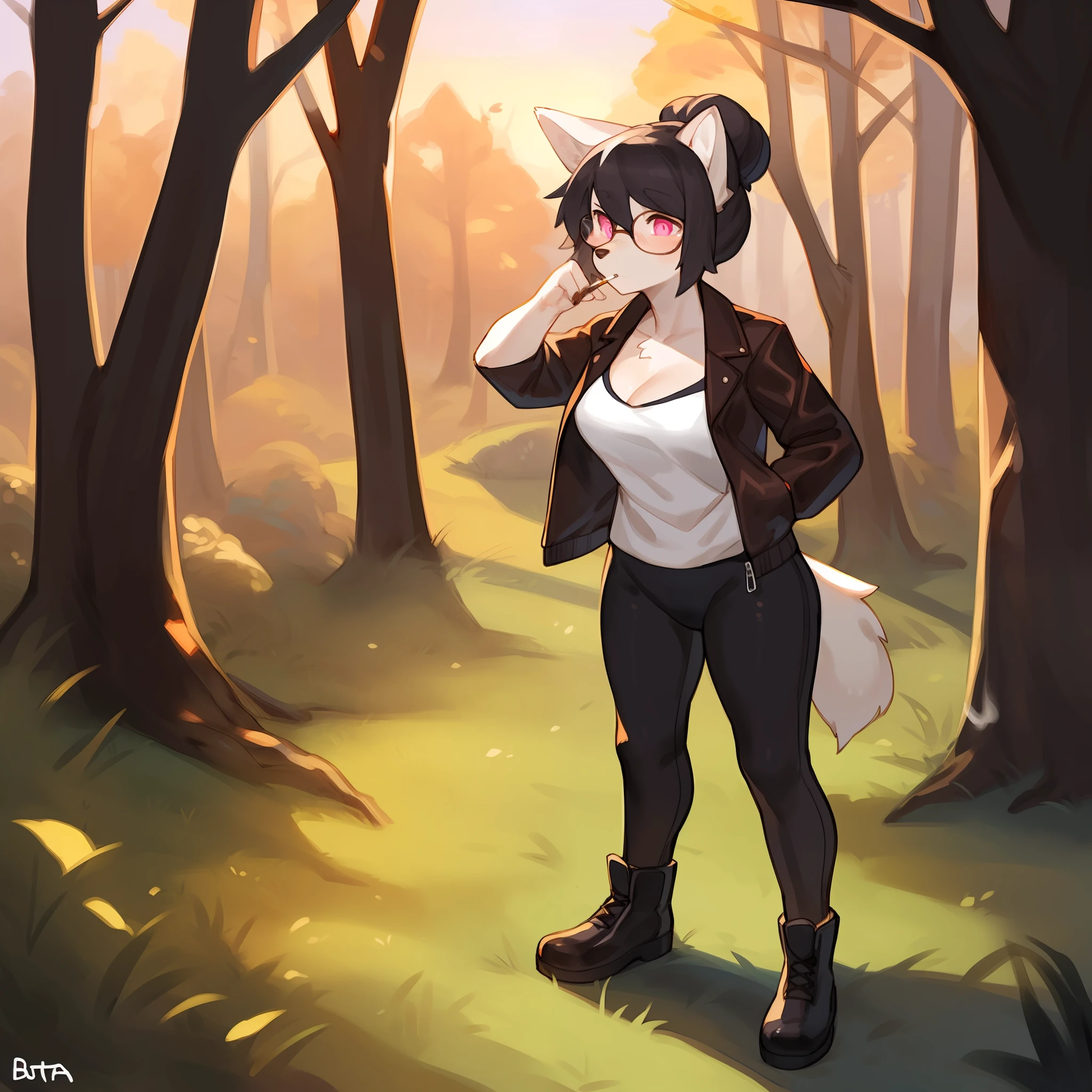 Solo, female, canine, snout, short snout, wide snout, white fur, white body, cleavage, pink eyes, detailed eyes, glasses, black hair, hair bun, up do, detailed hands, medium breasts, cameltoe, white undershirt, brown leather bomber jacket, tight white yoga pants, black boots, smoking a cigarette, tired eyes, standing, tree, woods, grass, distant spaceship, sunset, by buta99, by bebebebebe, by chelodoy