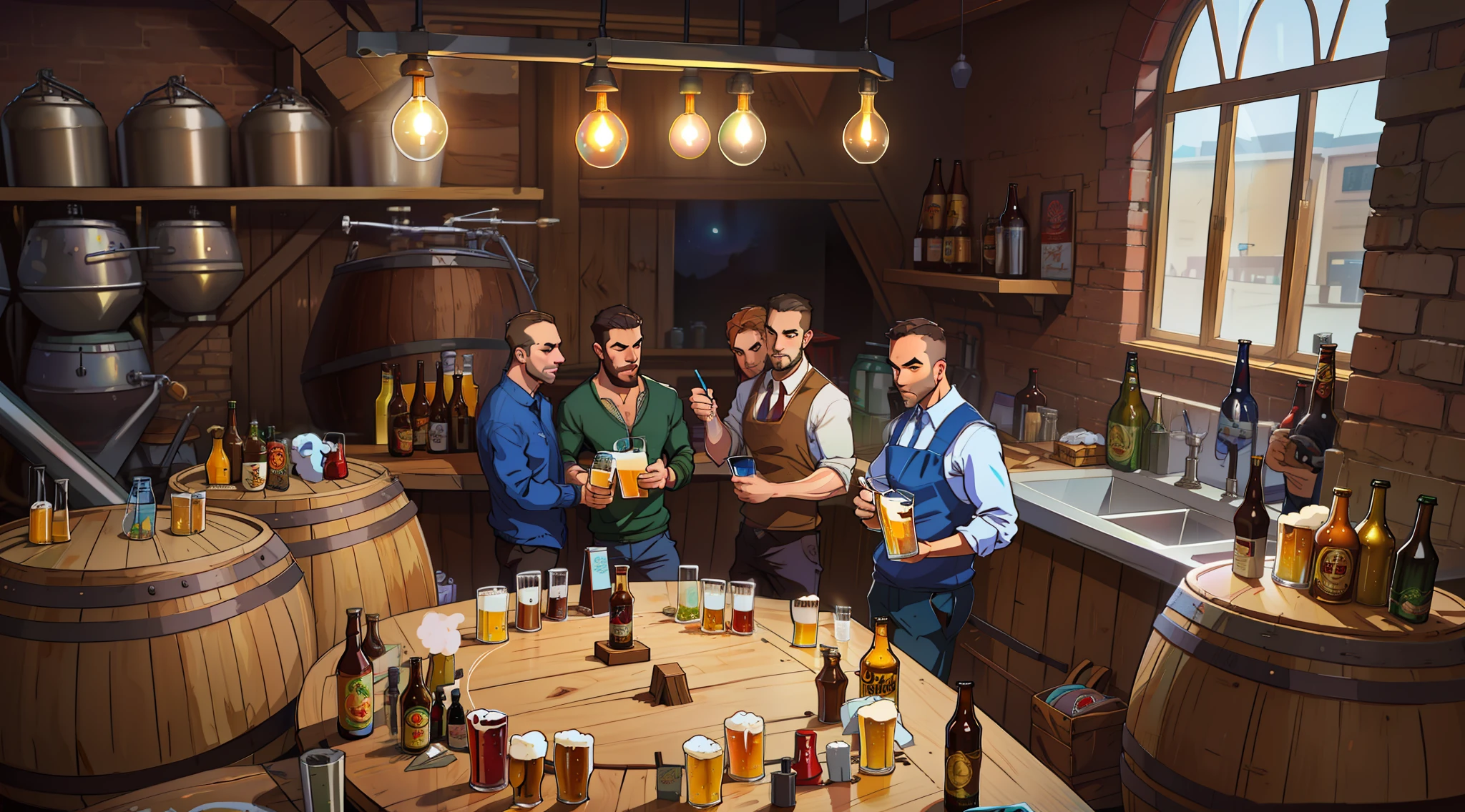 Several men are standing around a table with beer glasses, beers on the table, people drinking beer, craft brewery, advertising poster, from left, night lifestyle taverns, [masterpiece:1.5],[digital painting:1.3], hand painting, ultra detailed pencils