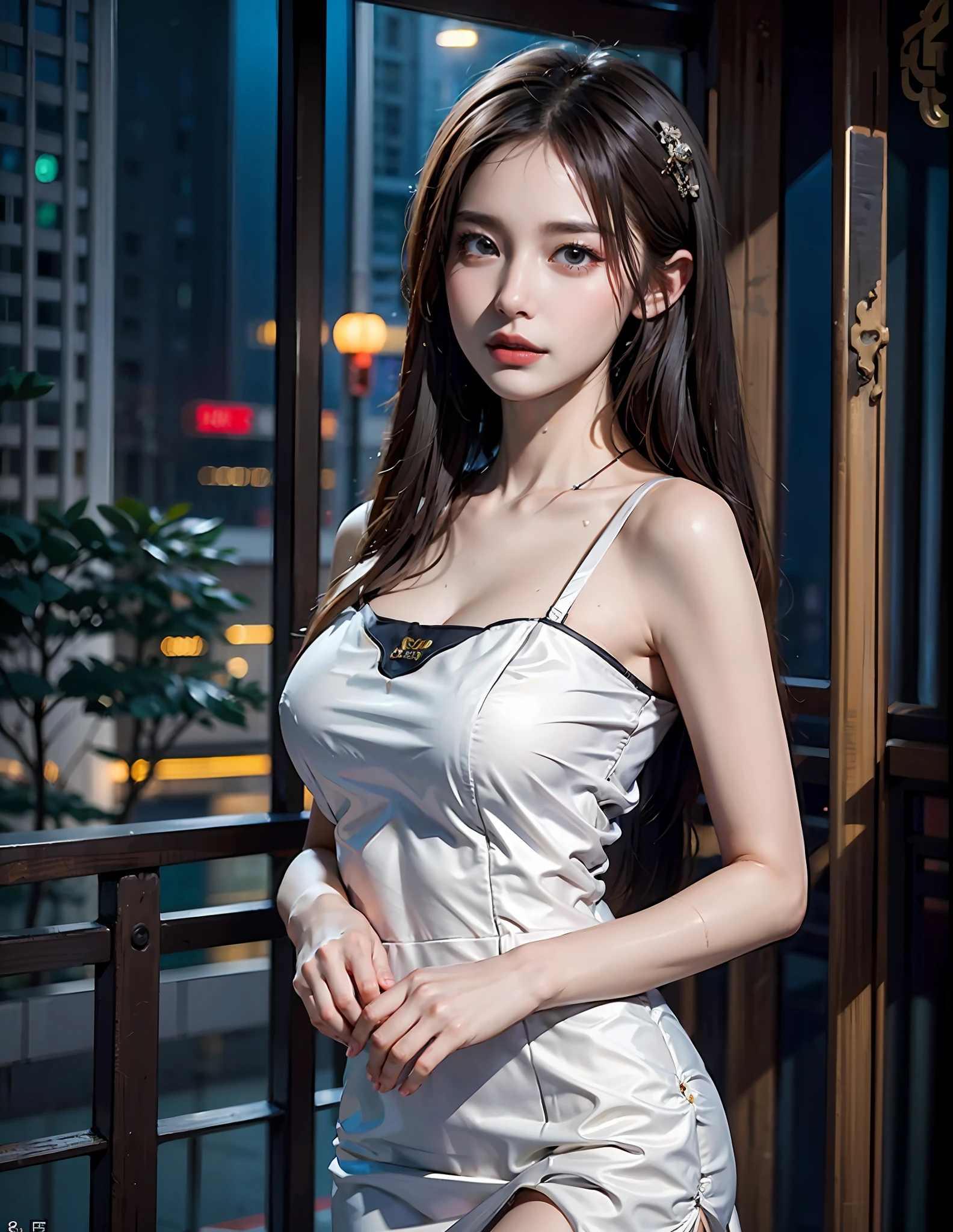 (8k, RAW photo, best quality, masterpiece: 1.2), (realistic, photorealistic: 1.37), single girl, cityscape, night, rain, wet, cowboy style, professional lighting, photon mapping, radio city, chinese doll, ripped, chemise, big breasts, nurse, wedding dress