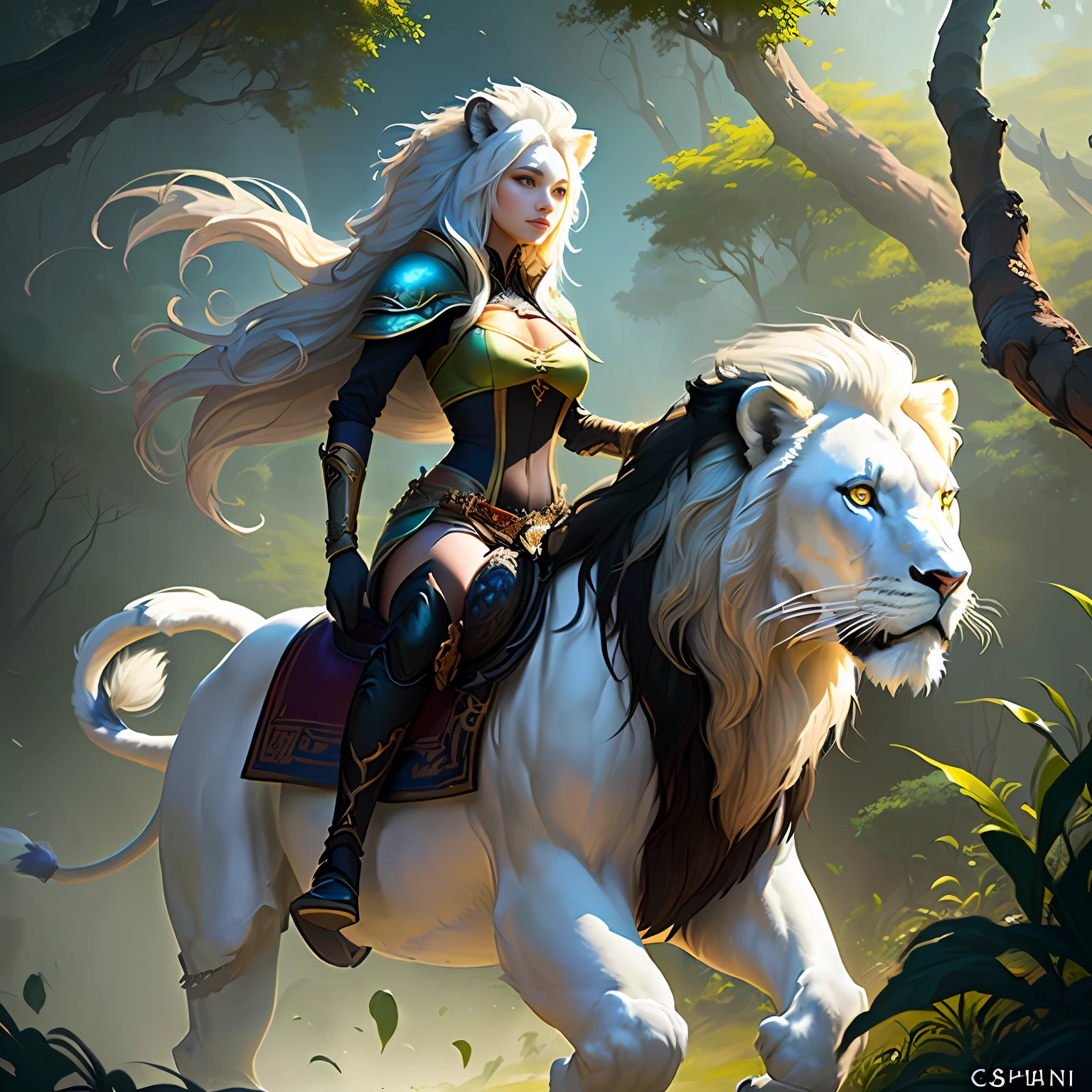 A Woman in the Jungle Езда на большом белом льве with White Hair