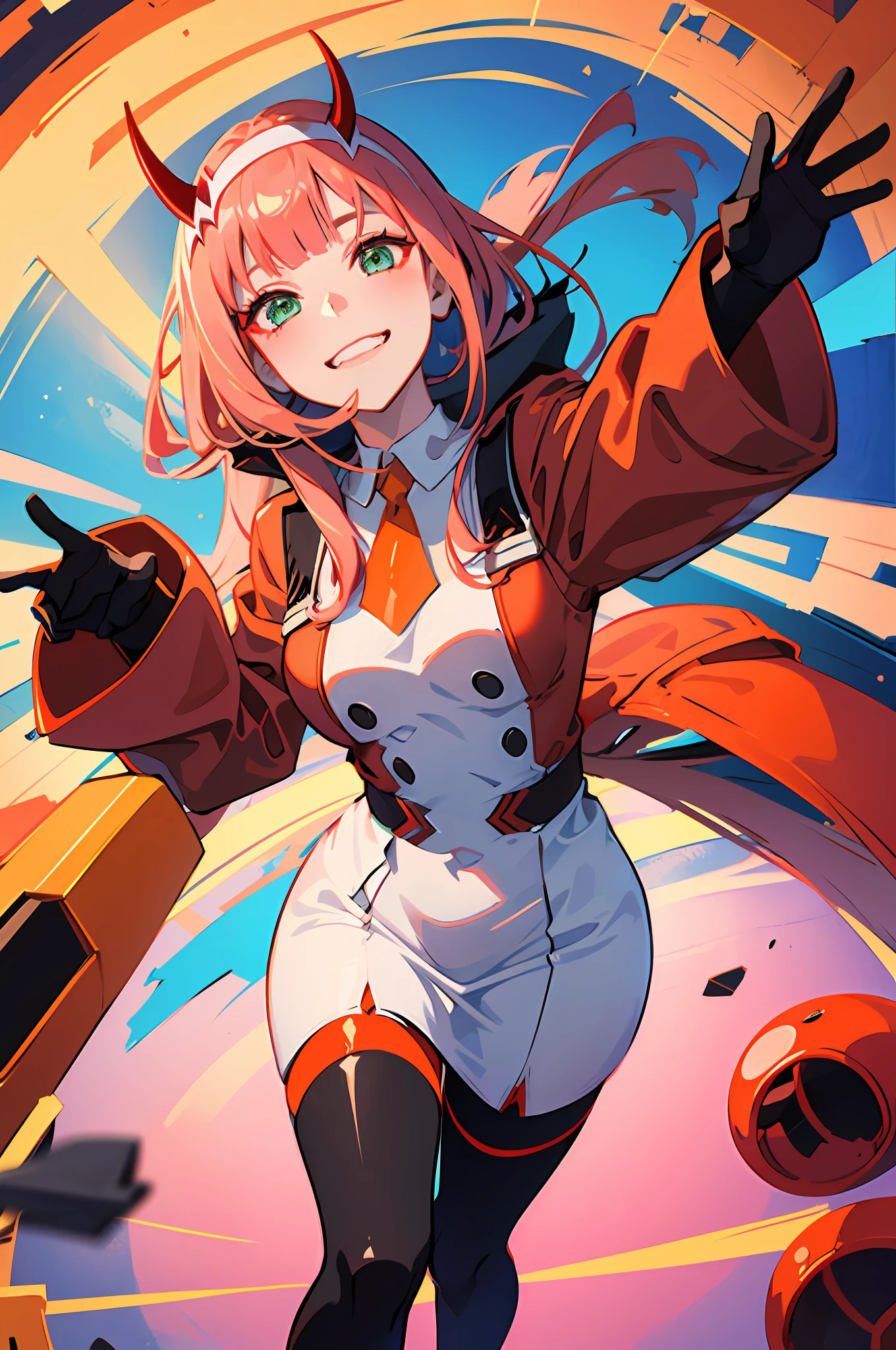 cero dos \(cariño en franxx\), cariño en franxx, 1 chica, franja, autofoto, sonriente, mordiendo, sombra, ojos verdes, pelo detrás de la cabeza, cuernos, pelo largo, constituir, senos pequeños, vestido rojo, corbata naranja, cinturón, Manga larga roja, pantys, Cabello rosado, red eyesombra, ciencia ficción, piel apretada, solo