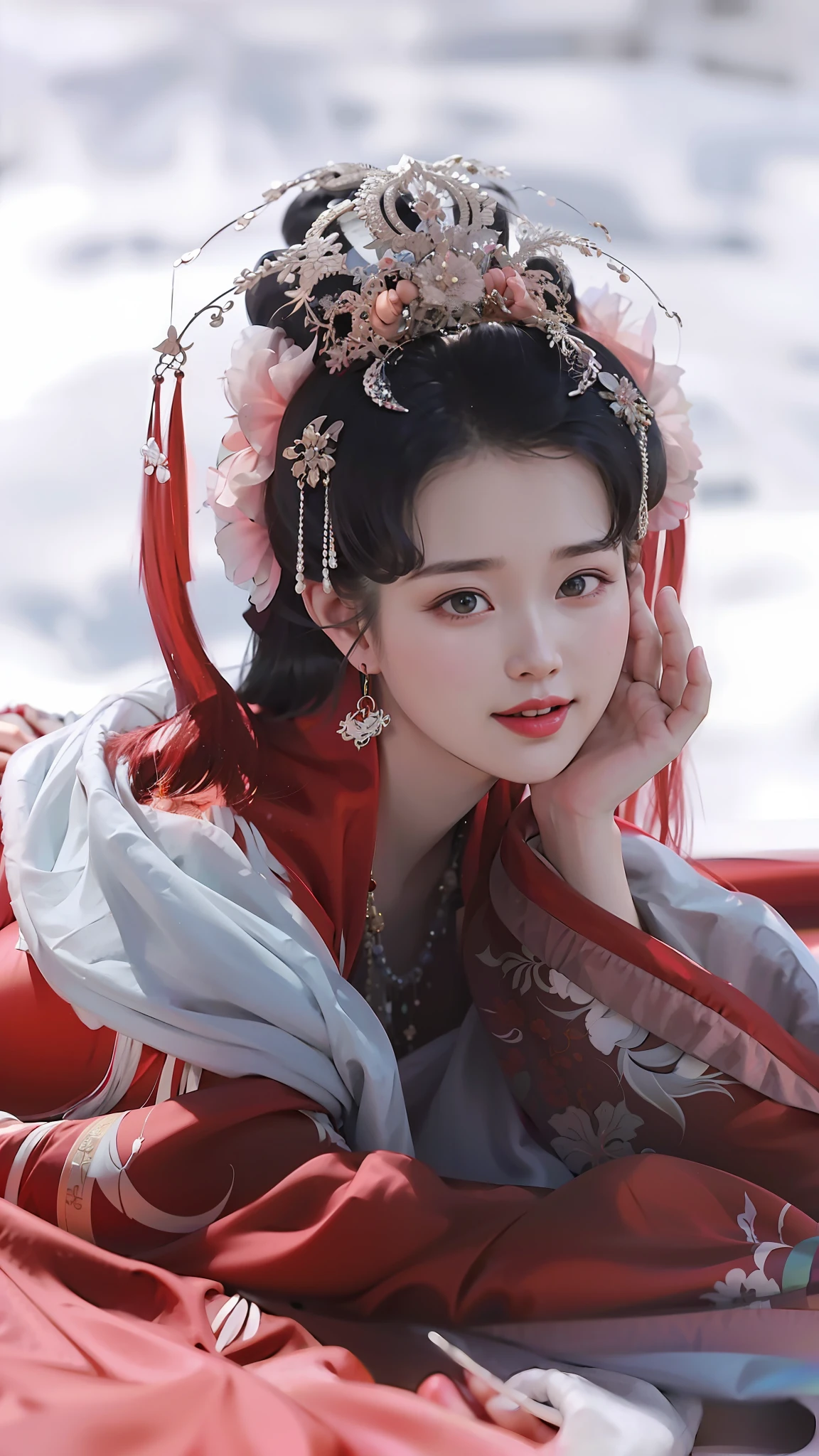 一個穿著紅色洋裝的女人躺在毯子上的特寫, 宮 ， a girl in Hanfu, Hanfu, 穿着中国古代的衣服, 中国公主, 中國古代美女, ancient 中国公主, 传统美, 美麗的幻想皇后, ((美麗的幻想皇后)), 中式, 繁体中文, 中国皇后, 繁体中文 clothing, white Hanfu