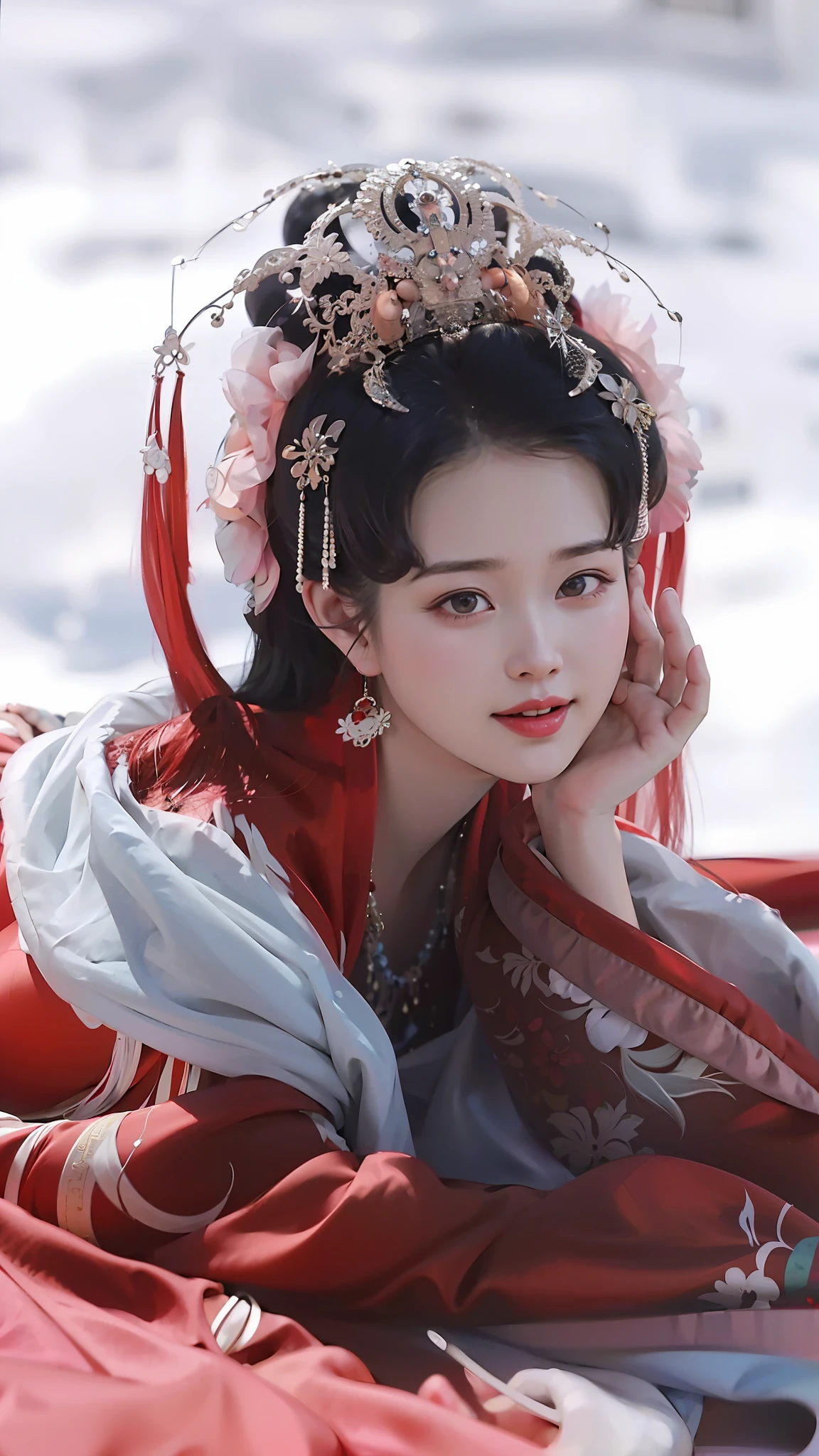 a close up of a woman in a red dress laying on a blanket, palace ， a girl in hanfu, hanfu, wearing ancient chinese clothes, chinese princess, ancient chinese beauties, ancient chinese princess, traditional beauty, a beautiful fantasy empress, ((a beautiful fantasy empress)), chinese style, traditional chinese, chinese empress, traditional chinese clothing, white hanfu