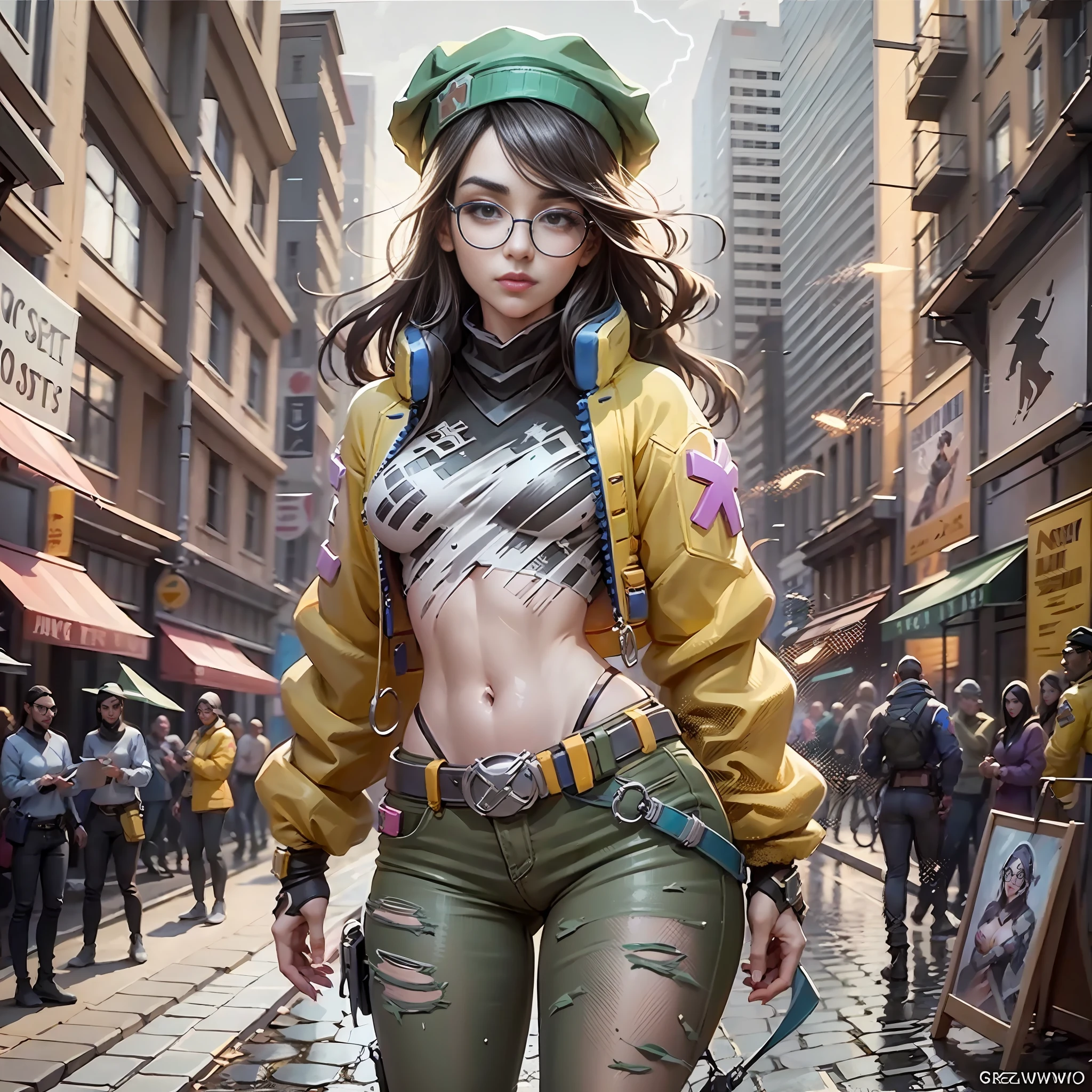 anime style, widescreen, masterpiece, best quality, {{{{official art}}}}, valorant killjoy, dark black hair, circle glasses, big , killjoy green hat, round glasses, yellow jacket, gray shirt, belt, black pants, torn clothes, , full body, butt, small breasts, ultra high resolution, perfect anatomy (small breasts), beautiful hips and stomach, beautiful face, beautiful hands, high resolution beautiful eyes, character concept, perfect anatomy, focus, dynamic, high details, highly detailed, sharp soft focus, Kim Art Jung Gi, Artgerm, Carne Griffiths and Wadim Kashin, Sasha Yakovleva, Loish, Jeremy Mann , Lightningwave, Victor Nizovtsev, Greg Rutzowski, Noah Bradley Trending on Artstation, 8K, Masterpiece, Fine details, Full of colour.