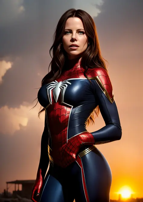 Kate Beckinsale in detailed woman costume bia negrete on Spider-Man's chest, large breasts, superhero pose, standing in ruined city at sunset, hyperdetailed, smoke, sparks, sunbeams, (8k), realistic, symmetrical, award-winning, cinematic lightning, soaked,...