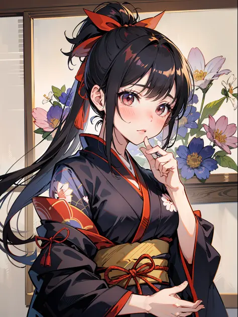 Masterpiece, super high quality, super detail, perfect drawing, solo, beautiful girl, black ponytail, hair tied with a big red ribbon, samurai costume, kimono, hanging eyes but cute, blush: (0.2), equipped with two Japan swords, holding a big bouquet, bouq...