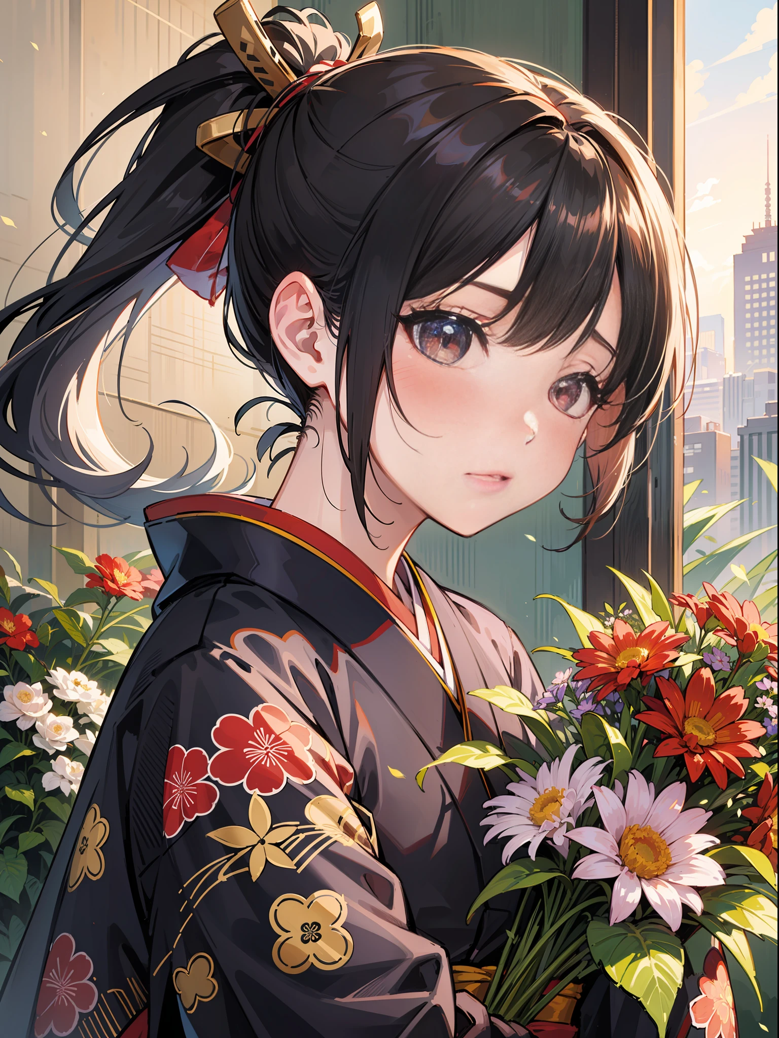 Masterpiece, super high quality, super detail, perfect drawing, solo, beautiful girl, black ponytail, hair tied with a big red ribbon, samurai costume, kimono, hanging eyes but cute, blush: (0.2), equipped with two Japan swords, holding a big bouquet, bouquet with love, bouquet to you,