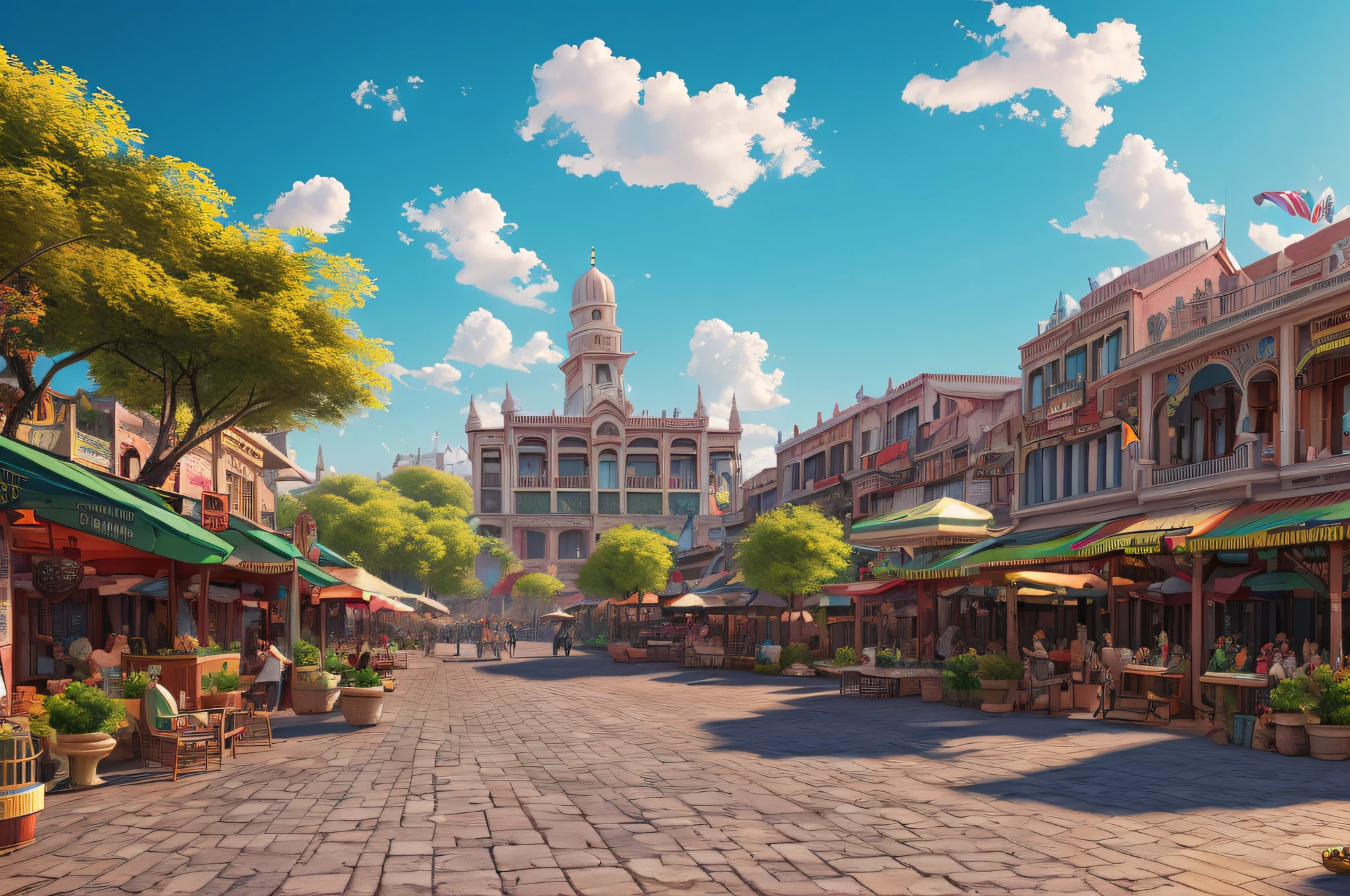 ciudad Real, terraza, nubes, Gran angular, recuperación, ancient ciudad Real, bazar, trazado de rayos, historietas, renderizado 3D, Dibujos animados, lindo estilo, soleado, exterior, detalle, 4k, alta definición, alta calidad,(8K, mejor calidad), super detalle, beautiful detalle, photoreal --auto