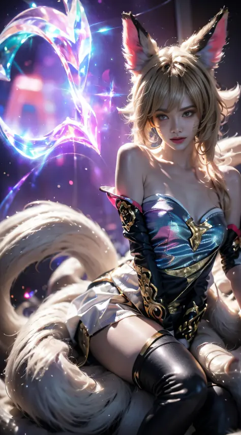 Super Resolution, (Realism: 1.3), 1 (Slim: 1.2) Girl, Solo, Looking at the Audience, League of Legends, Fox, KDA Fox, Blonde Hair, Fox Ears, Fox Tail, Blue Short Skirt, White Skirt, Laser Sense, Super Perfect Face, Perfect Eyes, Good Looking Face, ((Crysta...