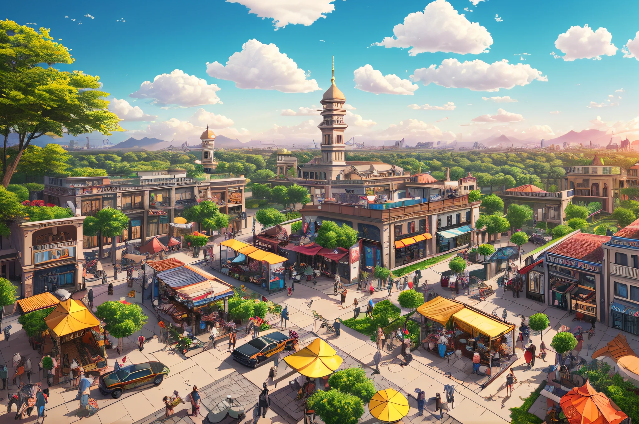 royal city, terrace, clouds, wide angle, reclamation, ancient royal city, bazaar, ray tracing, comics, 3d rendering, cartoon, cute style, sunny, outdoor, detail, 4k, hd, high quality,(8k, best quality), super detail, beautiful detail, photorealistic, --auto