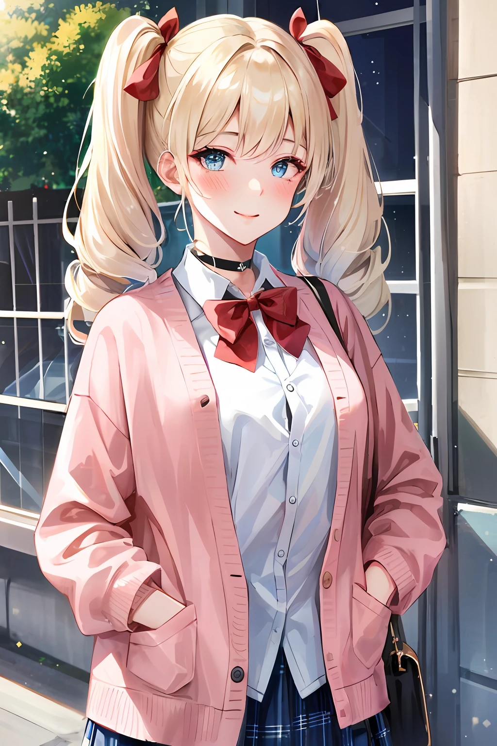 1girl, solo focus, young women, skin imperfection, light white skin, perfect face, puffy face, beautiful face, puffy eyes, blue eyes, big eyes, perfect eyes, eyelashes, long platinum blonde hair, bangs, makeup, blush, blush nose, glitter makeup on eyes, detailed anime soft face, pink clothes, highres, twintails, hair ribbon, long sleeves, red bow, pink cardigan, white thighhighs, plaid skirt, red ribbon, black choker, school uniform, open shirt, unbutton, outdoors, cowboy shot, standing, smile, hands behind back