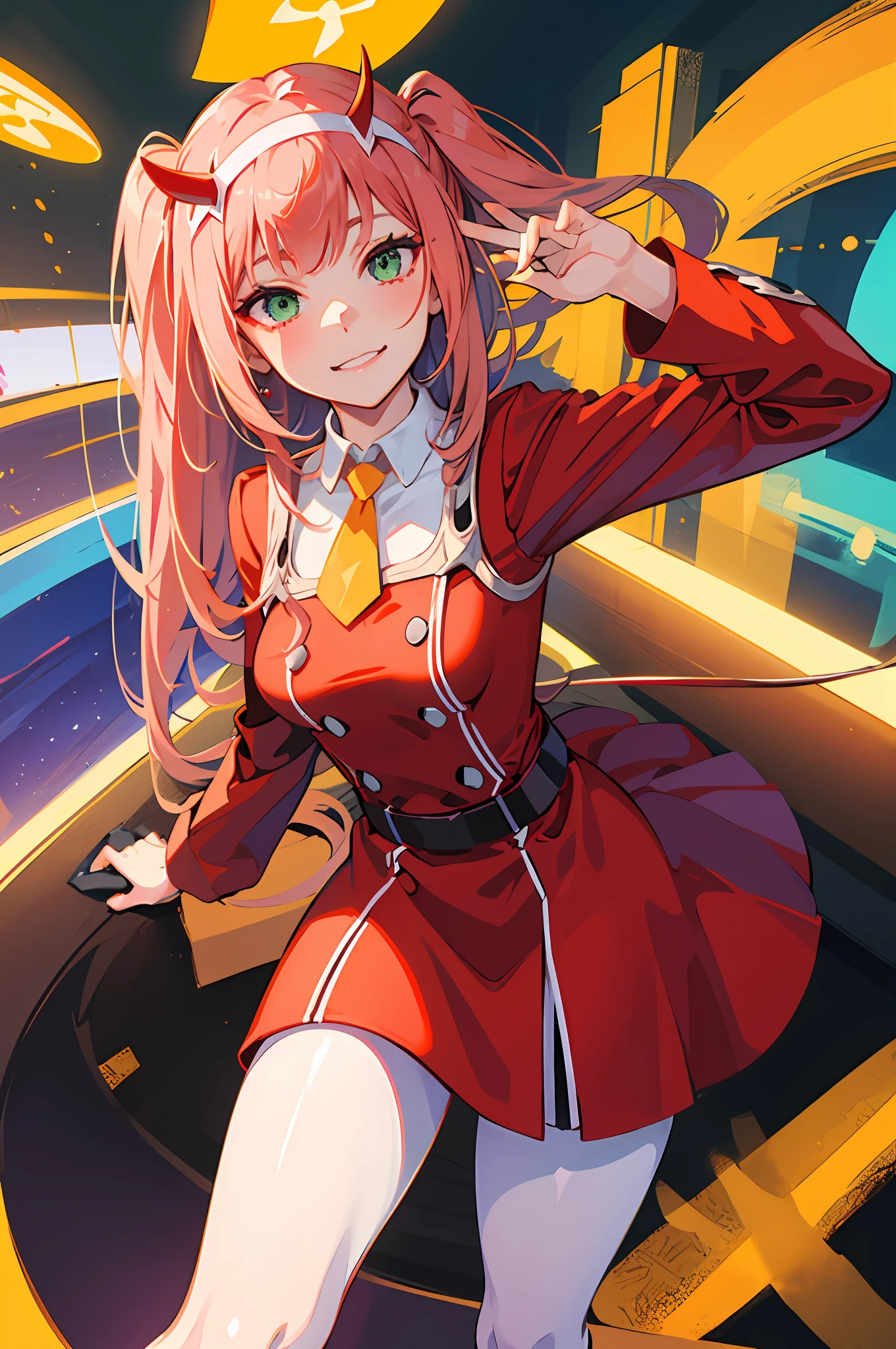 zero two \(darling on franxx\), darling on franxx, 1girl, fringe, selfie, smiling, biting, shadow, green eyes, hair behind head, horns, long hair, makeup, small breasts, red dress, orange tie, belt, red long sleeve, pantyhose, pink hair, red eyeshadow, science fiction, tight skin, solo