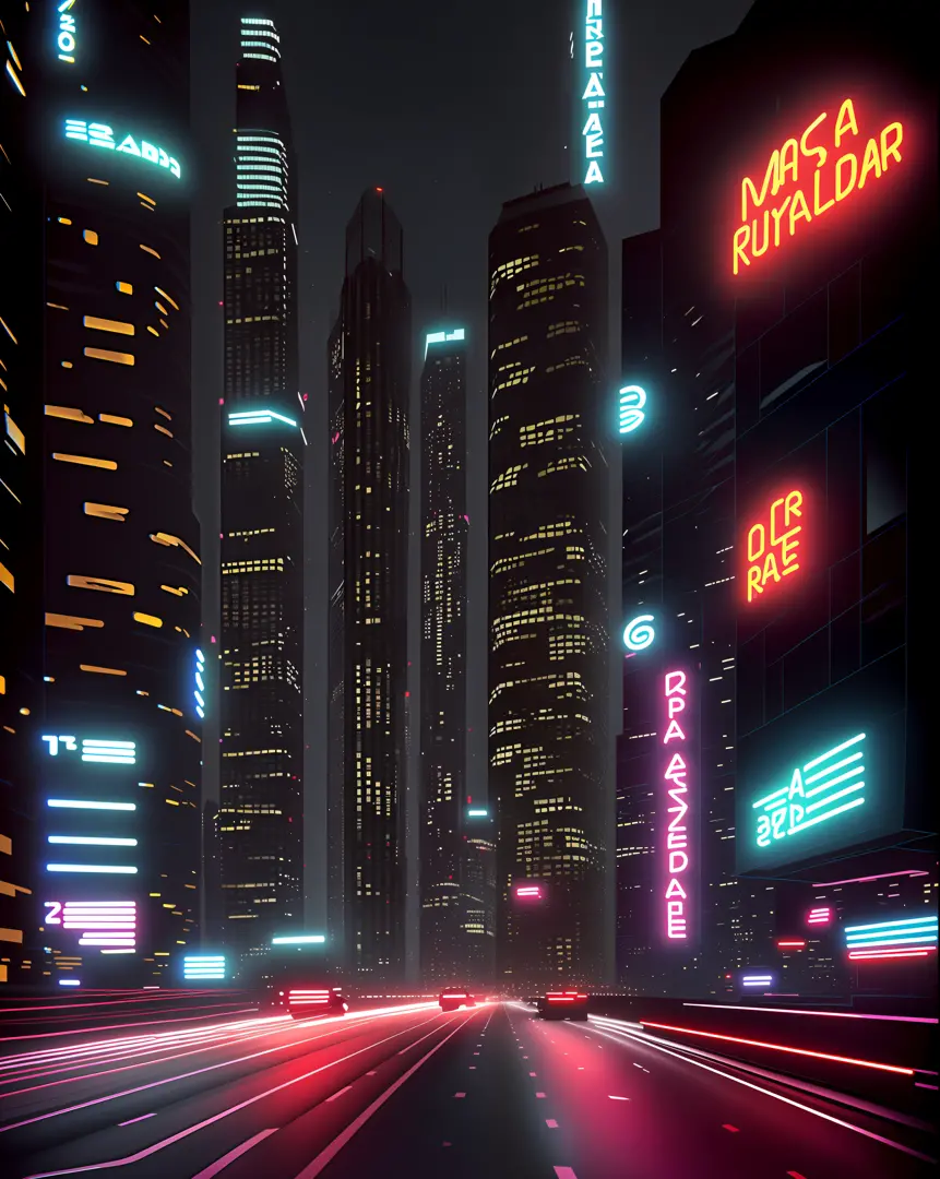 ((In the style of Blade Runner)), futuristic, neon-lit, bustling metropolis at night, flying cars, skyscrapers piercing the clouds, vibrant colors, retro-futuristic architecture, glowing holographic billboards, smooth roads, reflective surfaces, pulsating ...