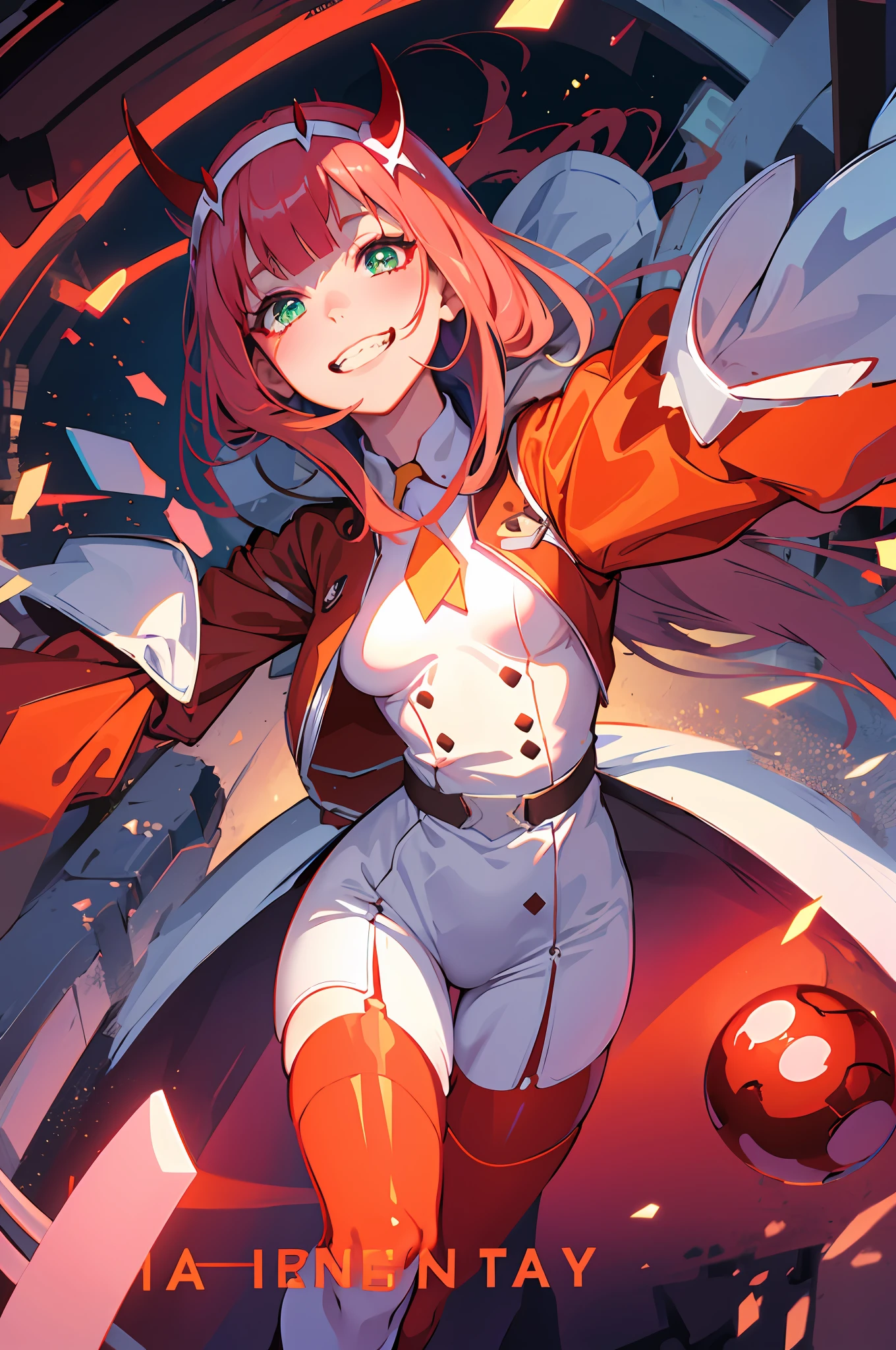 zero two \(darling on franxx\), darling on franxx, 1girl, fringe, selfie, smiling, biting, shadow, green eyes, hair behind head, horns, long hair, makeup, small breasts, red dress, orange tie, belt, red long sleeve, pantyhose, pink hair, red eyeshadow, science fiction, tight skin, solo