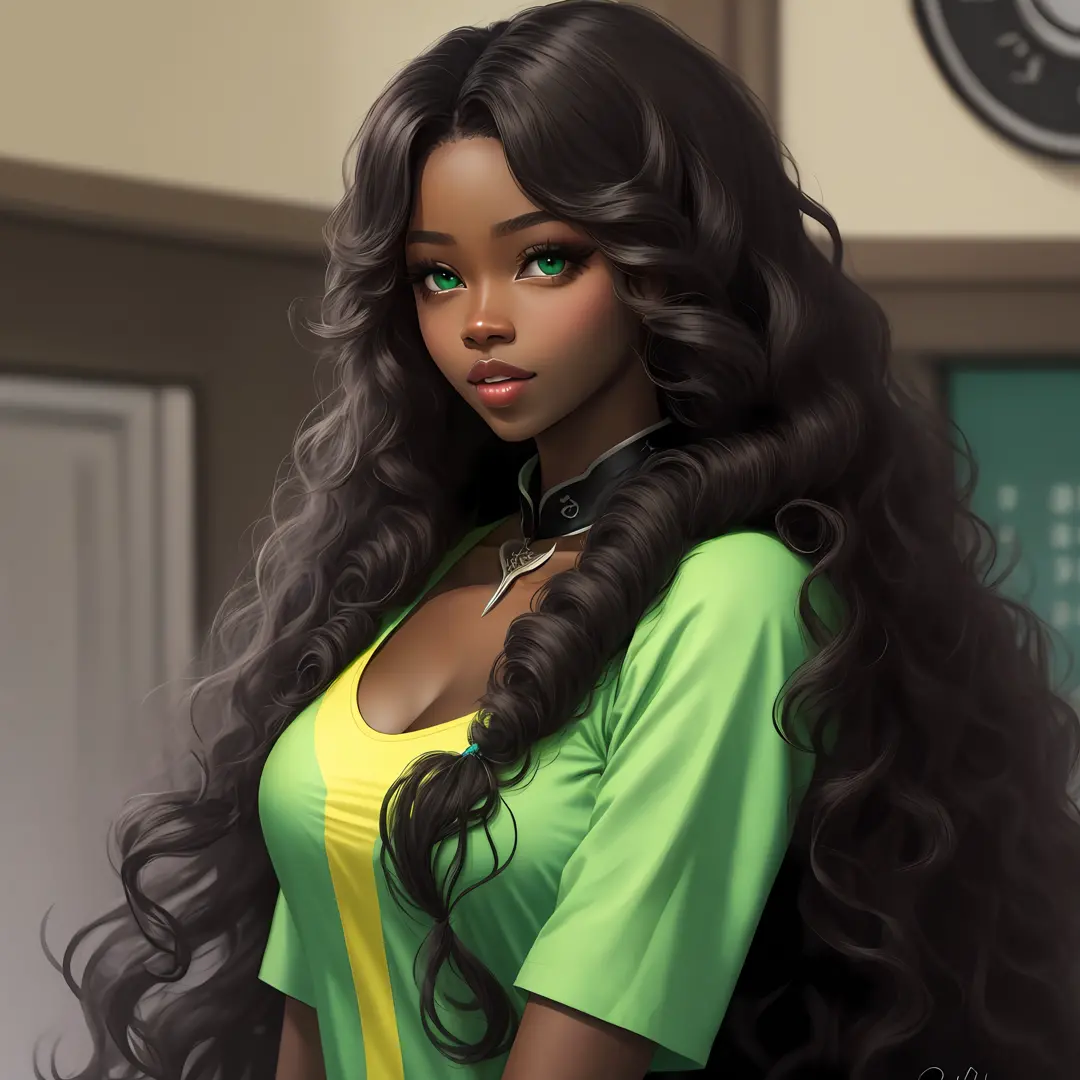 beaultiful ebony girl, extreme long curly hair, green eyes