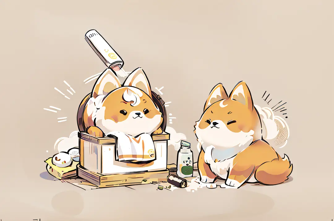 Shiba Inu, a Shiba Inu with two towels on his head, holding a towel and shower gel in his hand, Shiba Mansion, cute, simple draw...