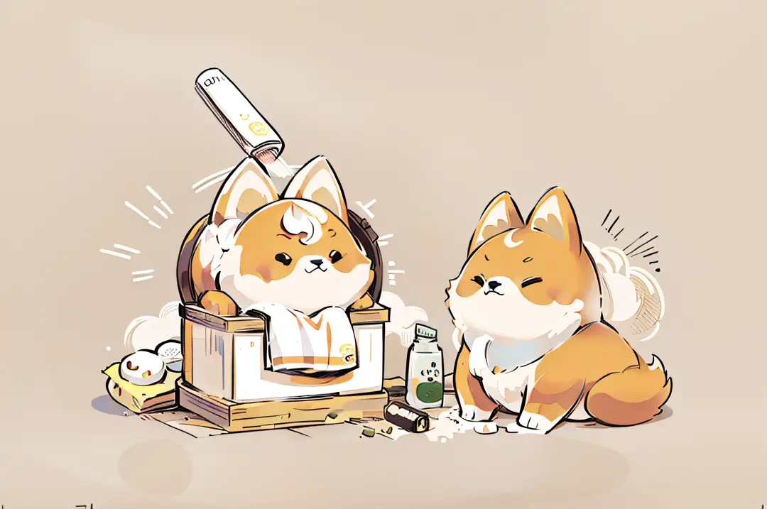 shiba inu, a shiba inu with two towels on his head, holding a towel and shower gel in his hand, shiba mansion, cute, simple draw...