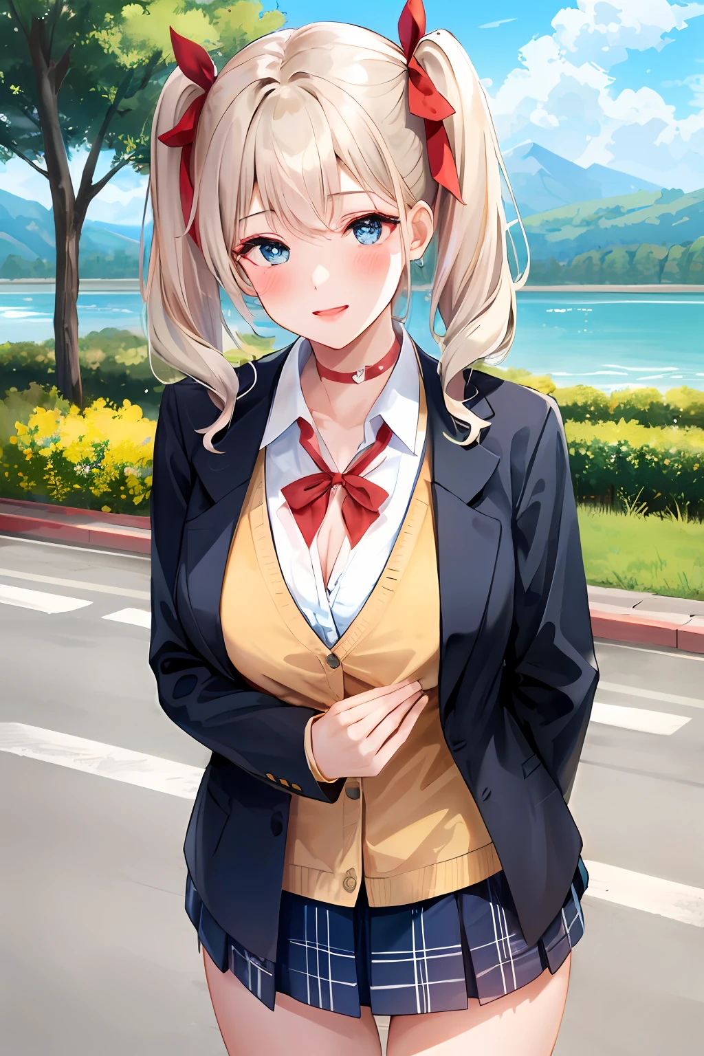 1girl, solo focus, young women, skin imperfection, light white skin, perfect face, puffy face, beautiful face, puffy eyes, blue eyes, big eyes, perfect eyes, eyelashes, long platinum blonde hair, bangs, makeup, blush, blush nose, glitter makeup on eyes, detailed anime soft face, pink clothes, highres, twintails, hair ribbon, long sleeves, red bow, pink cardigan, white thighhighs, plaid skirt, red ribbon, black choker, school uniform, open shirt, cleavage, outdoors, cowboy shot, standing, smile, hands behind back