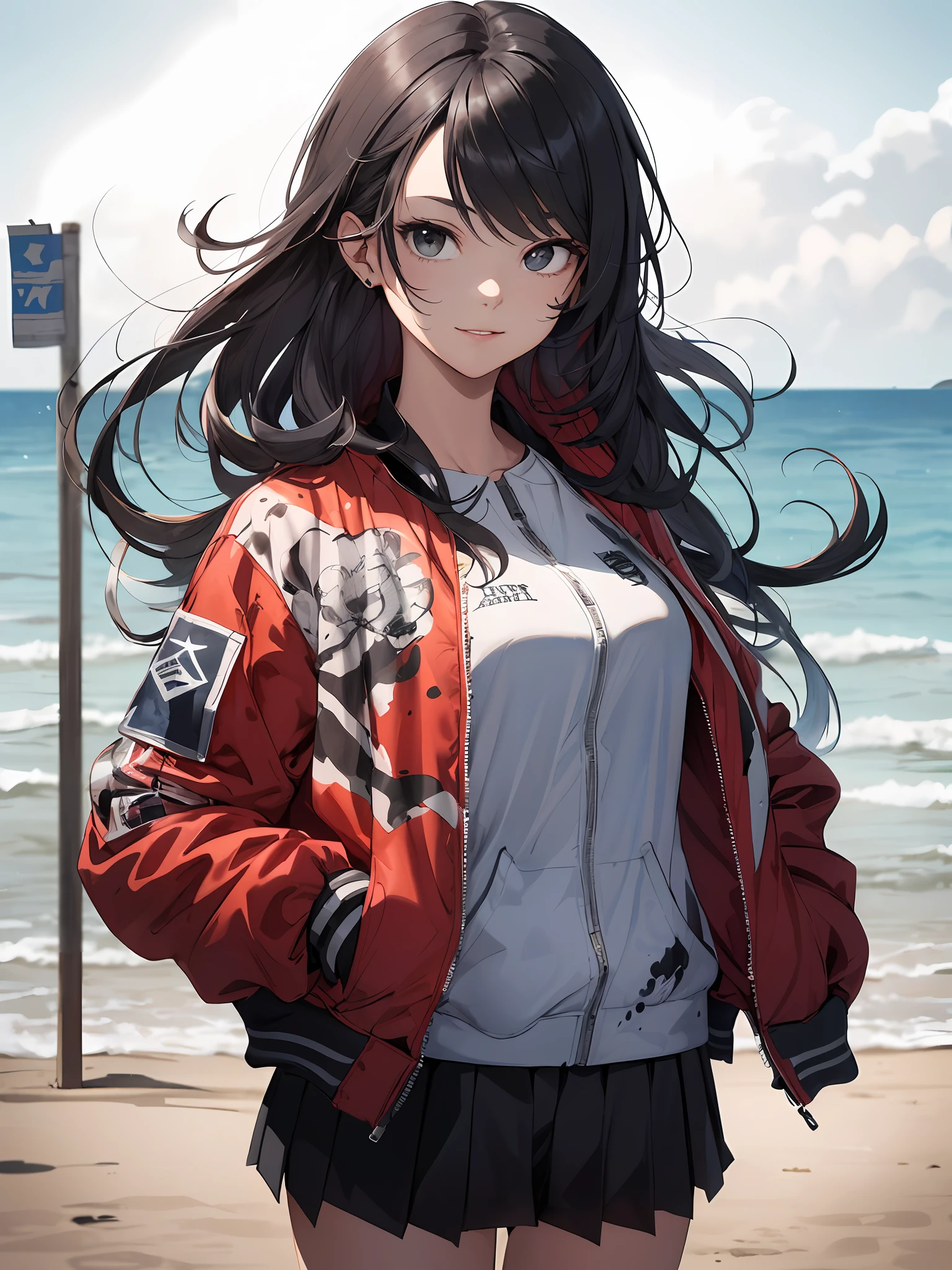soro woman,(best texture:1.3),UHD,( 1woman , Breezy Beach:1.5),Japanese woman, absurdreasterpiece)), ((best quality)), (ultra-detailed), ((extremely detailed)),high definition,an extremely delicate and beautiful,((best quality)),,colorful,(very long (red) oversized bomber jackett:1.3), (beautiful detailed school uniform), military boots,,((extremely detailed)), 4K, (8K),best quality,, illustration,(ink splash:1.6),(pencil drawing:1.3), (watercolor pencil2:1.6 ),, (beautiful),((perfect face,perfect body,perfect anatomy)),((so cool)), cute, brake, 20years old,full body, smile,( extra long hair:1.3), (bluish black hair:1.3), straight hair, hime cut, (tilted eyes:1.3), (black eyes:1.4), (tall stature), athlete, slender body, small brest, ((cool face)), ((slender face)), expression fair skin, She has a beautiful face and shining eyes,