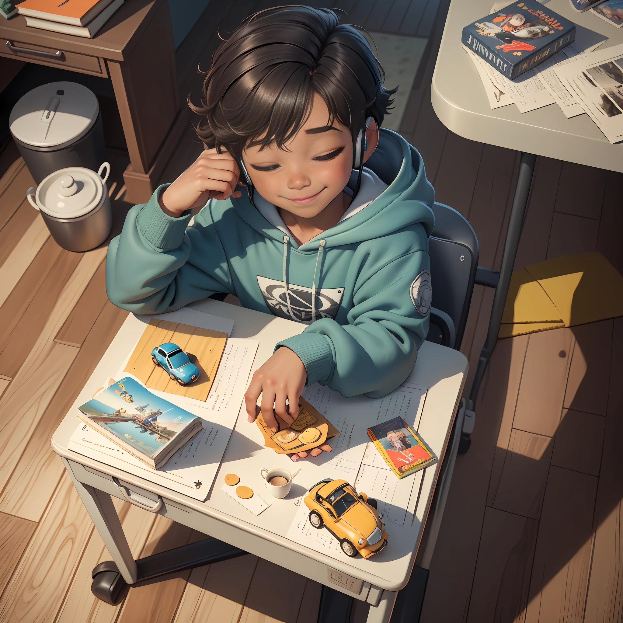 best quality,masterpiece,extremely detailed skin,8k,ultra-detailed,high solution,1boy,8 years old,cute,hoodie,((solo)),(sleeping),on desk,(white small desk),books,tea milk cup,crisps,fan,detailed headphone,in bedroom,smiling,messy desk,messy floor,toy cars,toy planes,(view from above:1.2)