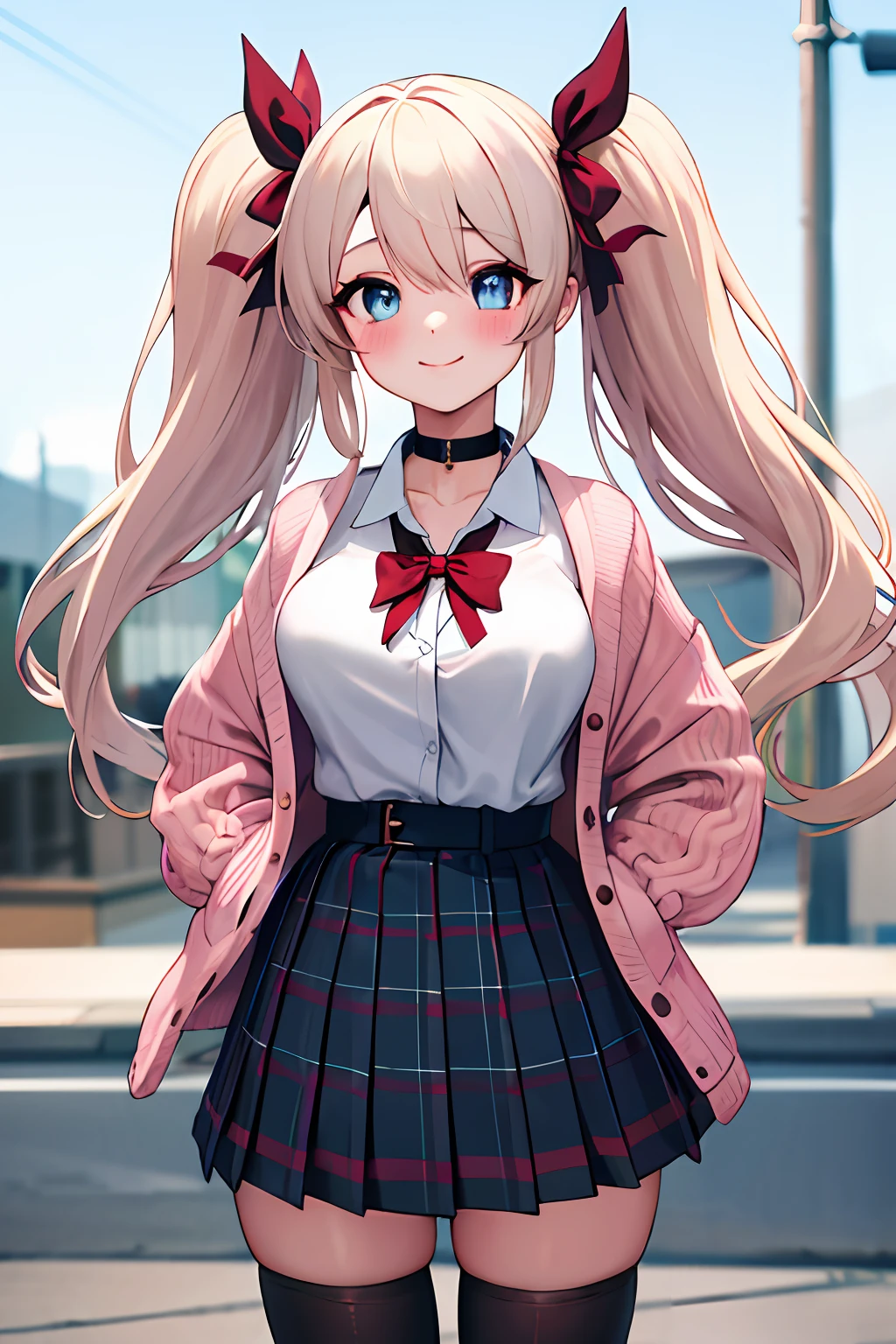 1girl, solo focus, young women, skin imperfection, light white skin, perfect face, puffy face, beautiful face, puffy eyes, blue eyes, big eyes, perfect eyes, eyelashes, long platinum blonde hair, bangs, makeup, blush, blush nose, glitter makeup on eyes, detailed anime soft face, pink clothes, highres, twintails, hair ribbon, long sleeves, red bow, pink cardigan, white thighhighs, plaid skirt, red ribbon, black choker, school uniform, open shirt, outdoors, cowboy shot, standing, smile, hands behind back