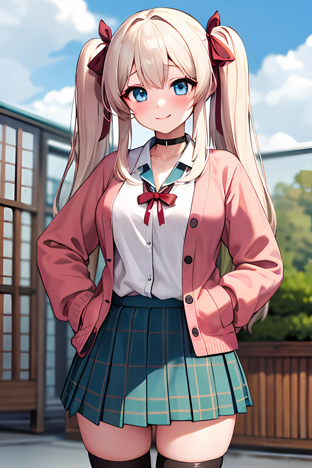 1girl, solo focus, young women, skin imperfection, light white skin, perfect face, puffy face, beautiful face, puffy eyes, blue eyes, big eyes, perfect eyes, eyelashes, long platinum blonde hair, bangs, makeup, blush, blush nose, glitter makeup on eyes, detailed anime soft face, pink clothes, highres, twintails, hair ribbon, long sleeves, red bow, pink cardigan, white thighhighs, plaid skirt, red ribbon, black choker, school uniform, open shirt, outdoors, cowboy shot, standing, smile, hands behind back