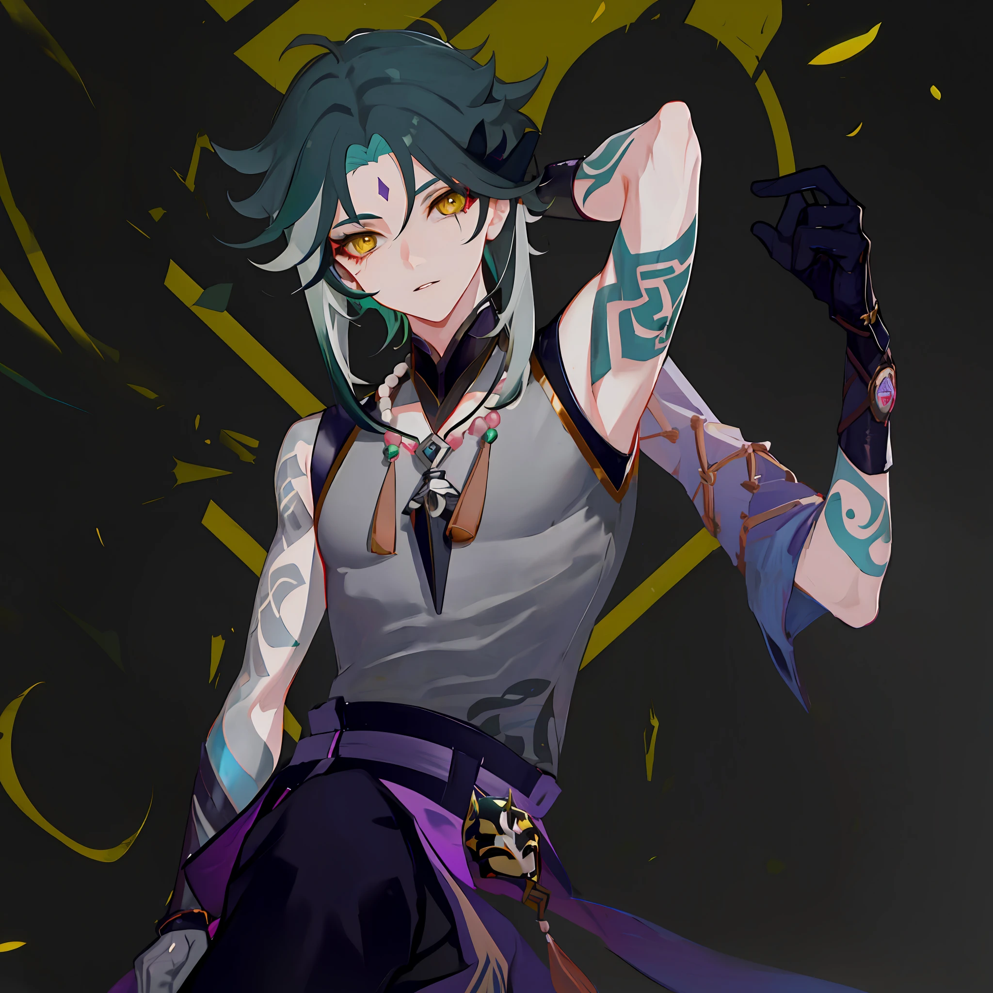 masterpiece, best quality,1boy, male focus, solo, xiao (genshin impact), gloves, tattoo, arm tattoo, necklace, cloud, jewelry, mask, green hair, bead necklace, multicolored hair, beads, yellow eyes, looking at viewer, (grey background:1.4),(kbxll:0.6)