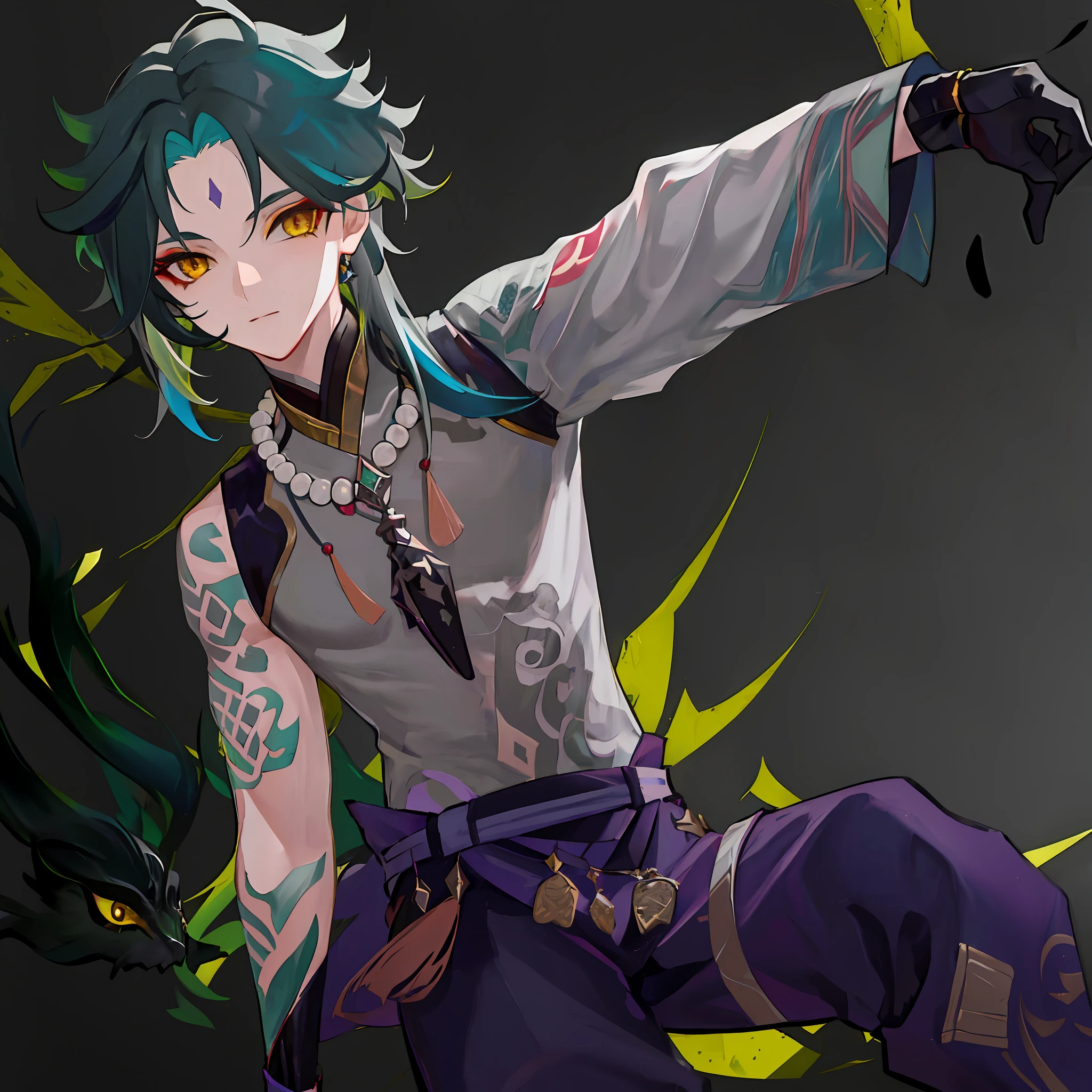 masterpiece, best quality,1boy, male focus, solo, xiao (genshin impact), gloves, tattoo, arm tattoo, necklace, cloud, jewelry, mask, green hair, bead necklace, multicolored hair, beads, yellow eyes, looking at viewer, (grey background:1.4),(kbxll:0.6)