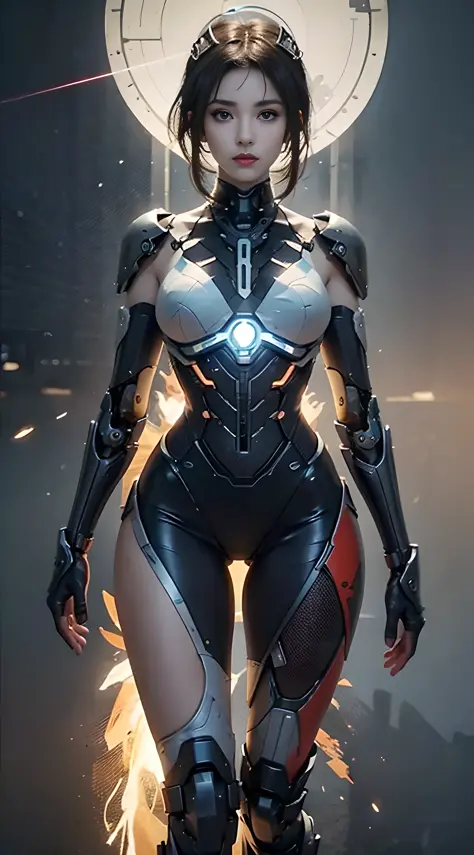 (1.5), (1 mechanical girl: 1.5), full body, solo, slender waist, thick thighs, (mechanical joints: 1.2), (mechanical limbs: 1.1), (blood vessels connected to tubes), (mechanical vertebral attached to the back), (mechanical neck attached to the neck), armor...