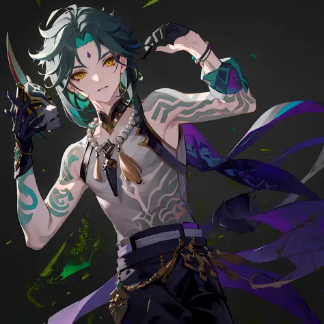masterpiece, best quality,1boy, male focus, solo, xiao (genshin impact), gloves, tattoo, arm tattoo, necklace, cloud, jewelry, mask, green hair, bead necklace, multicolored hair, beads, yellow eyes, looking at viewer, (grey background:1.4),(kbxll:0.6)