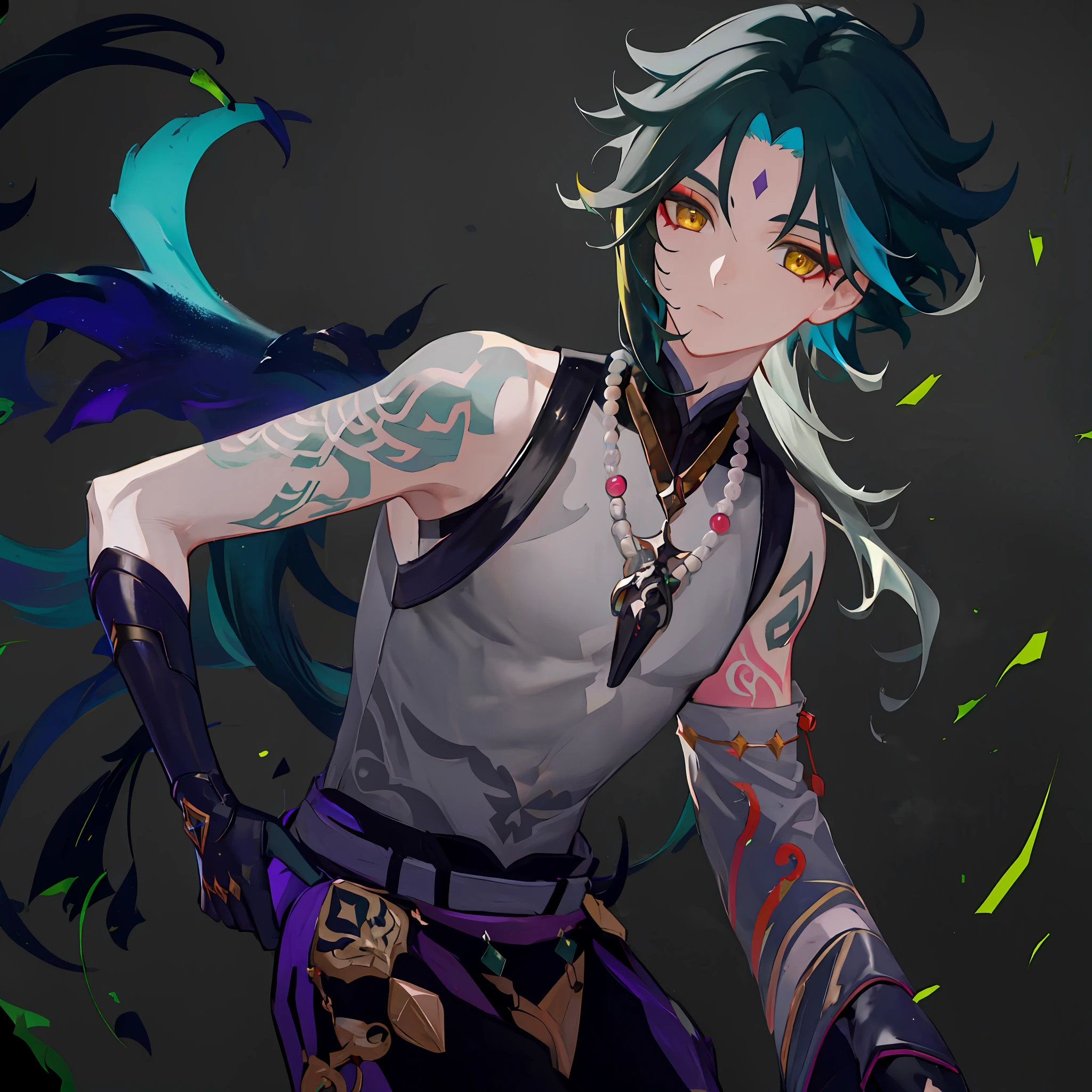 masterpiece, best quality,1boy, male focus, solo, xiao (genshin impact), gloves, tattoo, arm tattoo, necklace, cloud, jewelry, mask, green hair, bead necklace, multicolored hair, beads, yellow eyes, looking at viewer, (grey background:1.4),(kbxll:0.6)