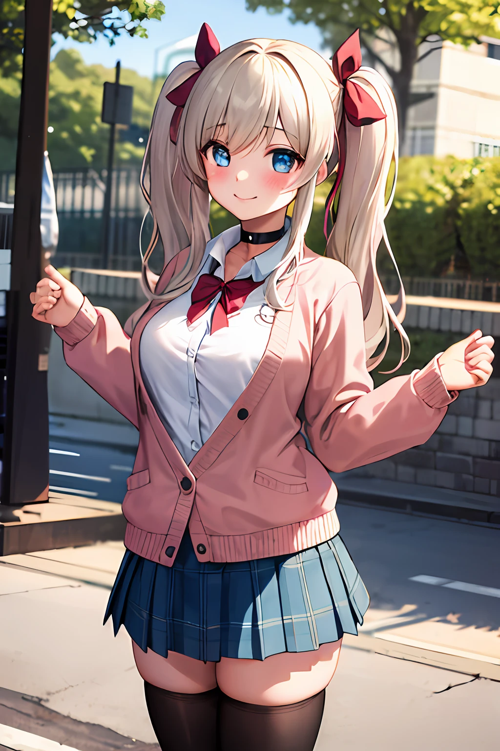 1girl, solo focus, young women, skin imperfection, light white skin, perfect face, puffy face, beautiful face, puffy eyes, blue eyes, big eyes, perfect eyes, eyelashes, long platinum blonde hair, bangs, makeup, blush, blush nose, glitter makeup on eyes, detailed anime soft face, pink clothes, highres, twintails, hair ribbon, long sleeves, red bow, pink cardigan, white thighhighs, plaid skirt, red ribbon, black choker, school uniform, open shirt, outdoors, cowboy shot, standing, smile, hands behind back