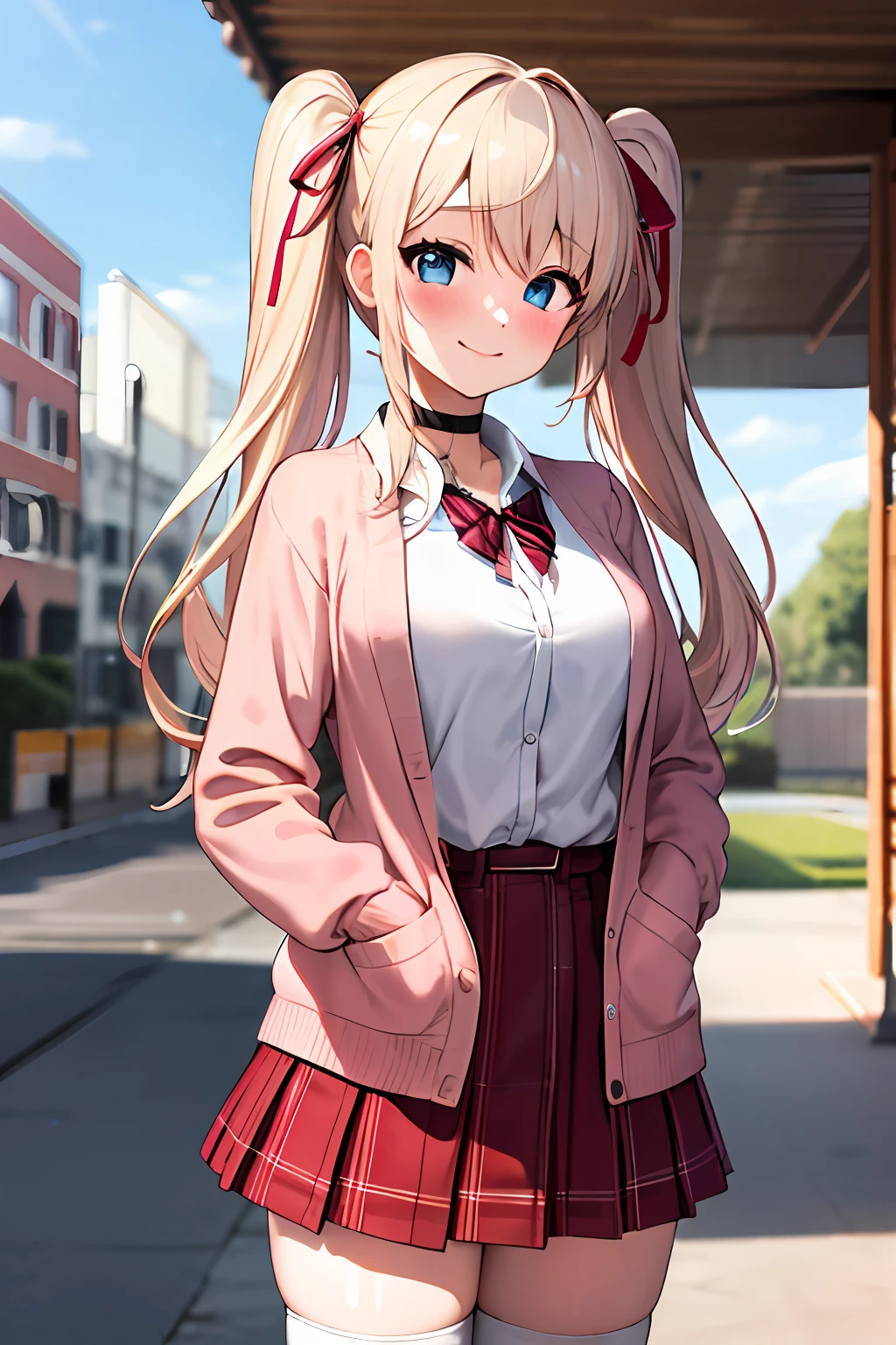 1girl, solo focus, young women, skin imperfection, light white skin, perfect face, puffy face, beautiful face, puffy eyes, blue eyes, big eyes, perfect eyes, eyelashes, long platinum blonde hair, bangs, makeup, blush, blush nose, glitter makeup on eyes, detailed anime soft face, pink clothes, highres, twintails, hair ribbon, long sleeves, red bow, pink cardigan, white thighhighs, red pink plaid skirt, red ribbon, black choker, school uniform, open shirt, outdoors, cowboy shot, standing, smile, hands behind back