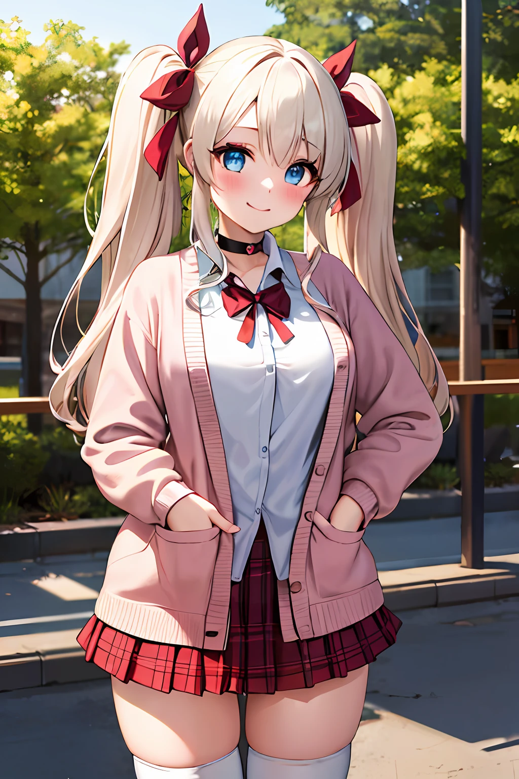 1girl, solo focus, young women, skin imperfection, light white skin, perfect face, puffy face, beautiful face, puffy eyes, blue eyes, big eyes, perfect eyes, eyelashes, long platinum blonde hair, bangs, makeup, blush, blush nose, glitter makeup on eyes, detailed anime soft face, pink clothes, highres, twintails, hair ribbon, long sleeves, red bow, pink cardigan, white thighhighs, red pink plaid skirt, red ribbon, black choker, school uniform, open shirt, outdoors, cowboy shot, standing, smile, hands behind back