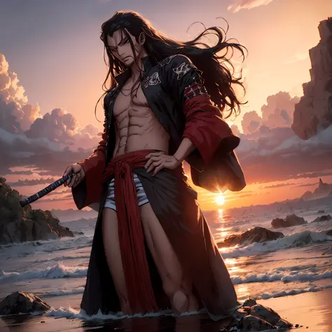 "A long-haired red samurai in a Western setting with a red sun in the background, inspired by the anime One Piece. The character...