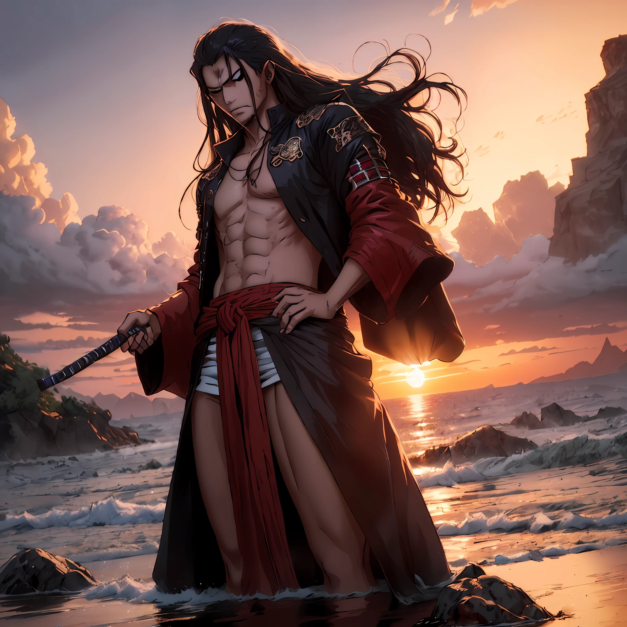 "A long-haired red samurai in a Western setting with a red sun in the background, inspired by the anime One Piece. The character is a villain, with typical anime traits."