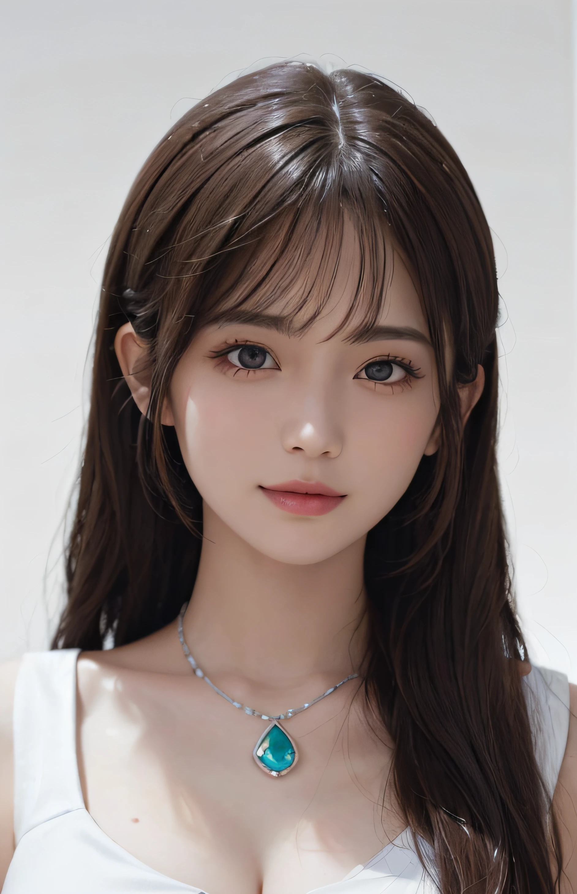 (non-realistic) , (illustration), (increase resolution), (8K), (extremely detailed), (best illustration), (beautiful detailed eyes), (best quality), (super detailed), (masterpiece), ( wallpaper), (detailed face), solo, 1 girl, looking at the audience, exquisite details, detailed face, white background, upper body white dress, purple crystal necklace, round face, juvenile face, low-key, pureerosfaceace_v1, smile, long hair, Purple shawl straight hair, 46 points slanted bangs