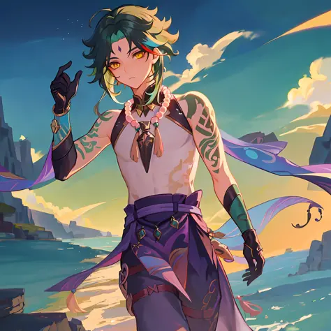Masterpiece, best quality, 1boy, male focus, solo, Xiao (Genshin Impact), gloves, tattoo, arm tattoo, necklace, cloud, jewelry, mask, green hair, beaded necklace, multicolored hair, beads, yellow eyes, distracted looking, (landscape background: 1.4), (kbxl...