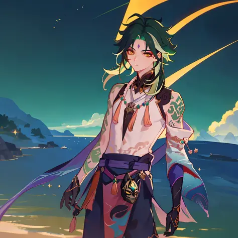 Masterpiece, best quality, 1boy, male focus, solo, Xiao (Genshin Impact), gloves, tattoo, arm tattoo, necklace, cloud, jewelry, mask, green hair, beaded necklace, multicolored hair, beads, yellow eyes, distracted looking, (landscape background: 1.4), (kbxl...