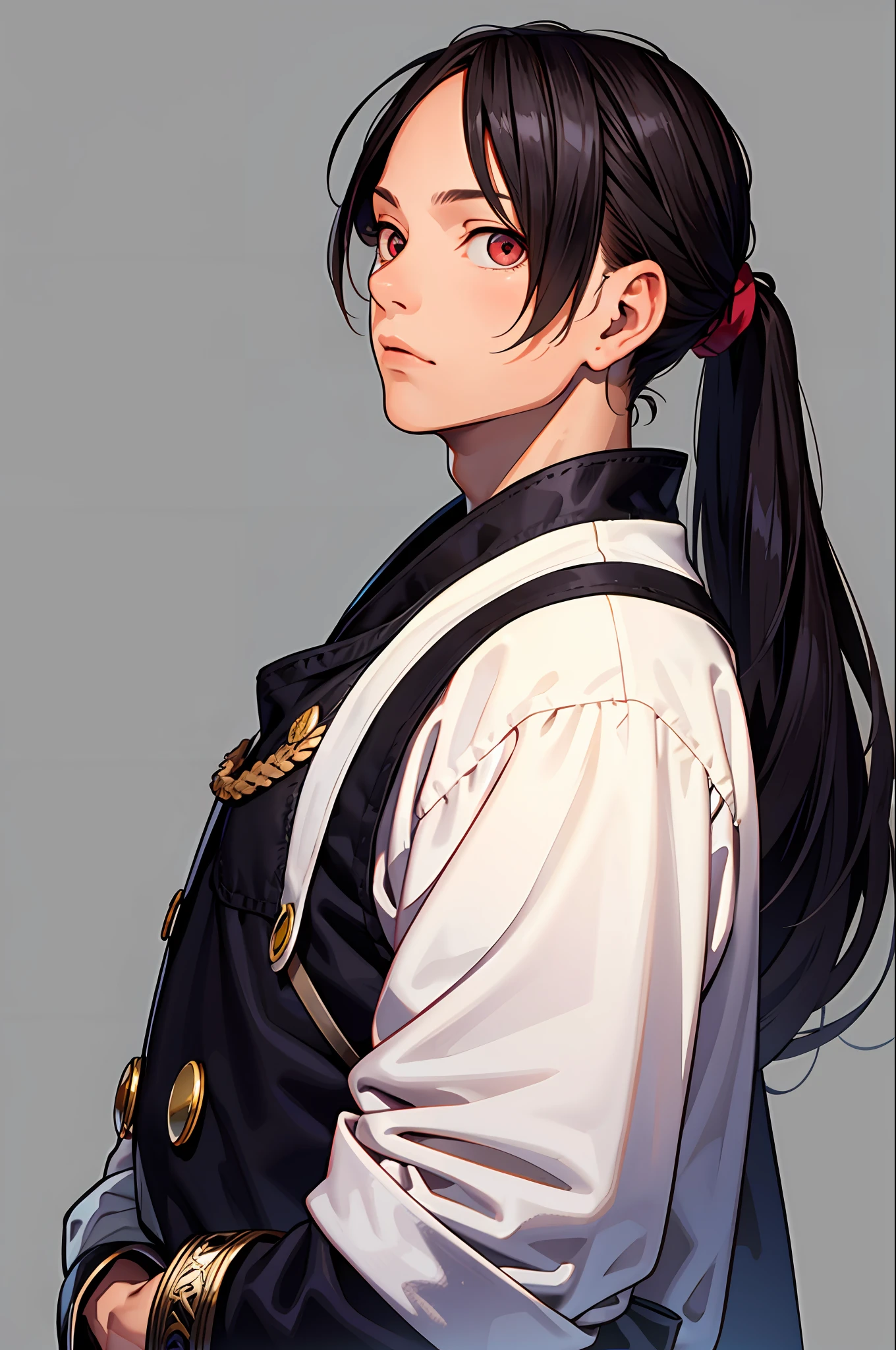 masterpiece, best quality,1male,adult masculine male,red eyes,very long ponytail, black hair,pretentious _face,shiny skin, prince, noble outfit, white background,looking at viewer,standing,from side,full body