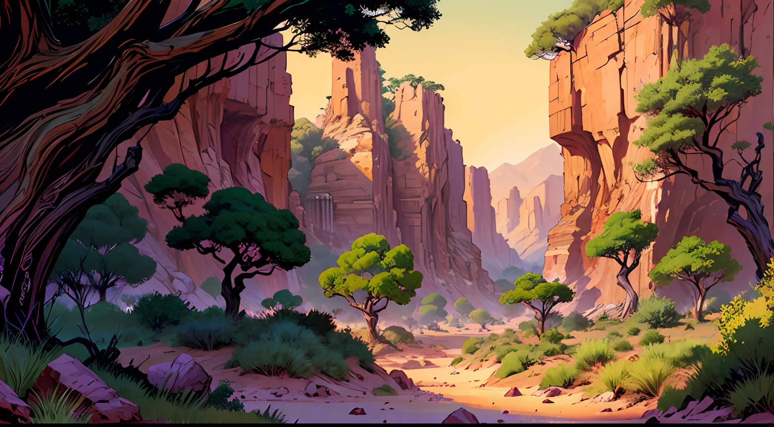 illustration of a landscape with characteristic trees of african savannah, greens and rocks, savanna background, safari background, bushveld background, background art, savanna tree of green hills, jungle in the background, canyon bottom, jungle background, african savannah, arid ecosystem, background art, scene inside forest, jungle background, forest background,  African steppe, 2d game background, desert scenery --auto