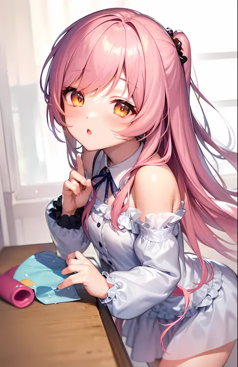 Anime girl with pink hair and golden eyes, wearing dress, soft anime illustration, pixiv, cute anime girl, (anime girl), marin k...