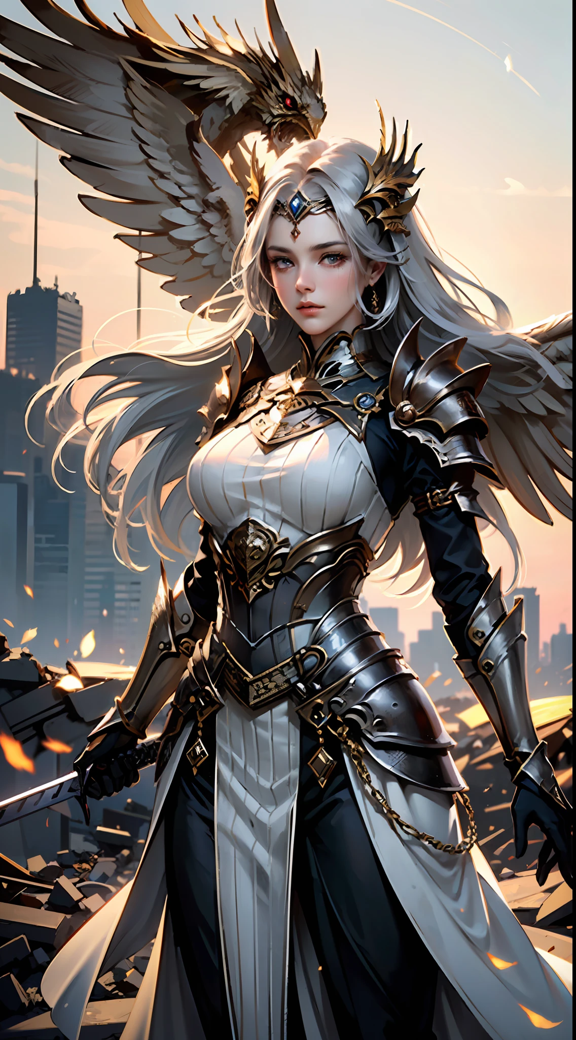 ((Woman, standing on a ruined building, close-up, realistic)) realistic visuals, artistic sophistication, captivating beauty, dramatic contrasts, 8k wallpaper, absurdity, incredible absurdity, golden armor, gadaxintai gaodanvshen, (holding silver sword)), hair floating in the air, ((in battle))